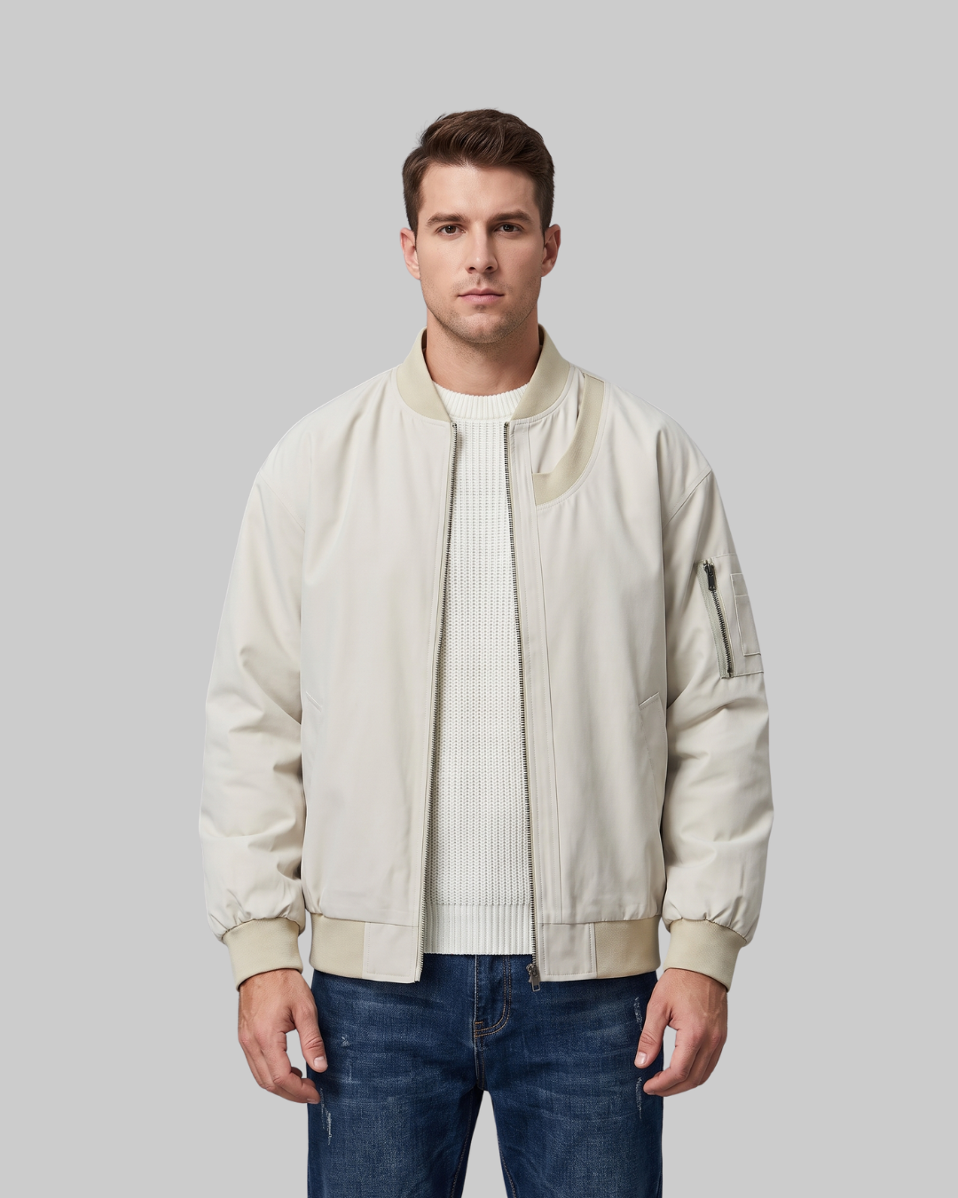 Men's Curved Panel Bomber Jacket in apricot.
