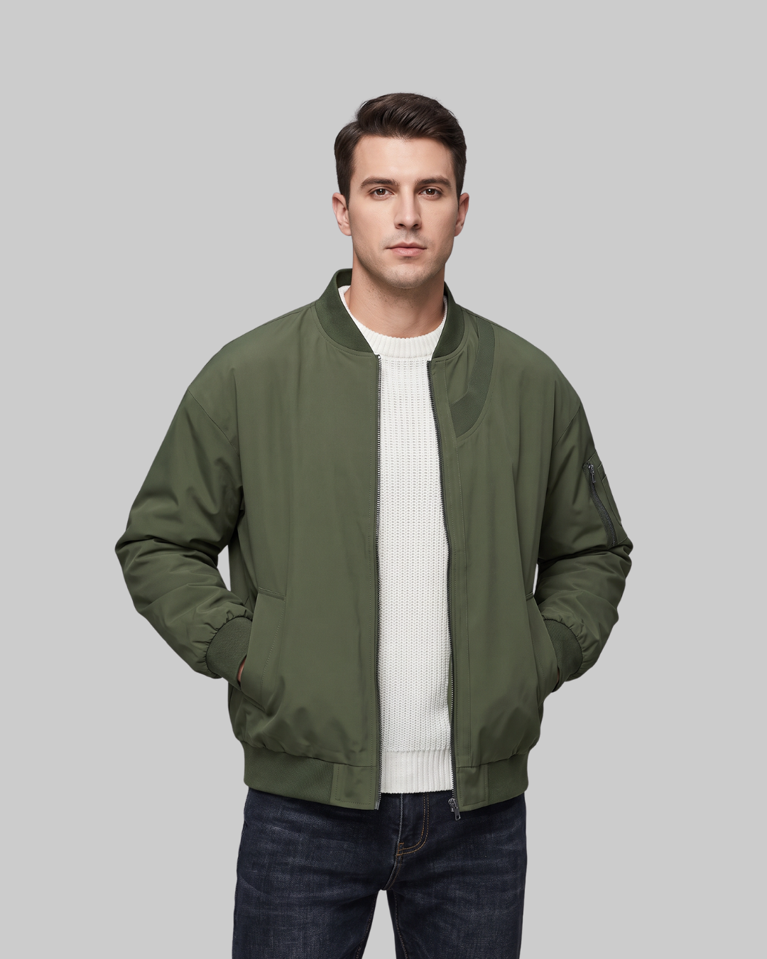 Men's Curved Panel Bomber Jacket in army green.