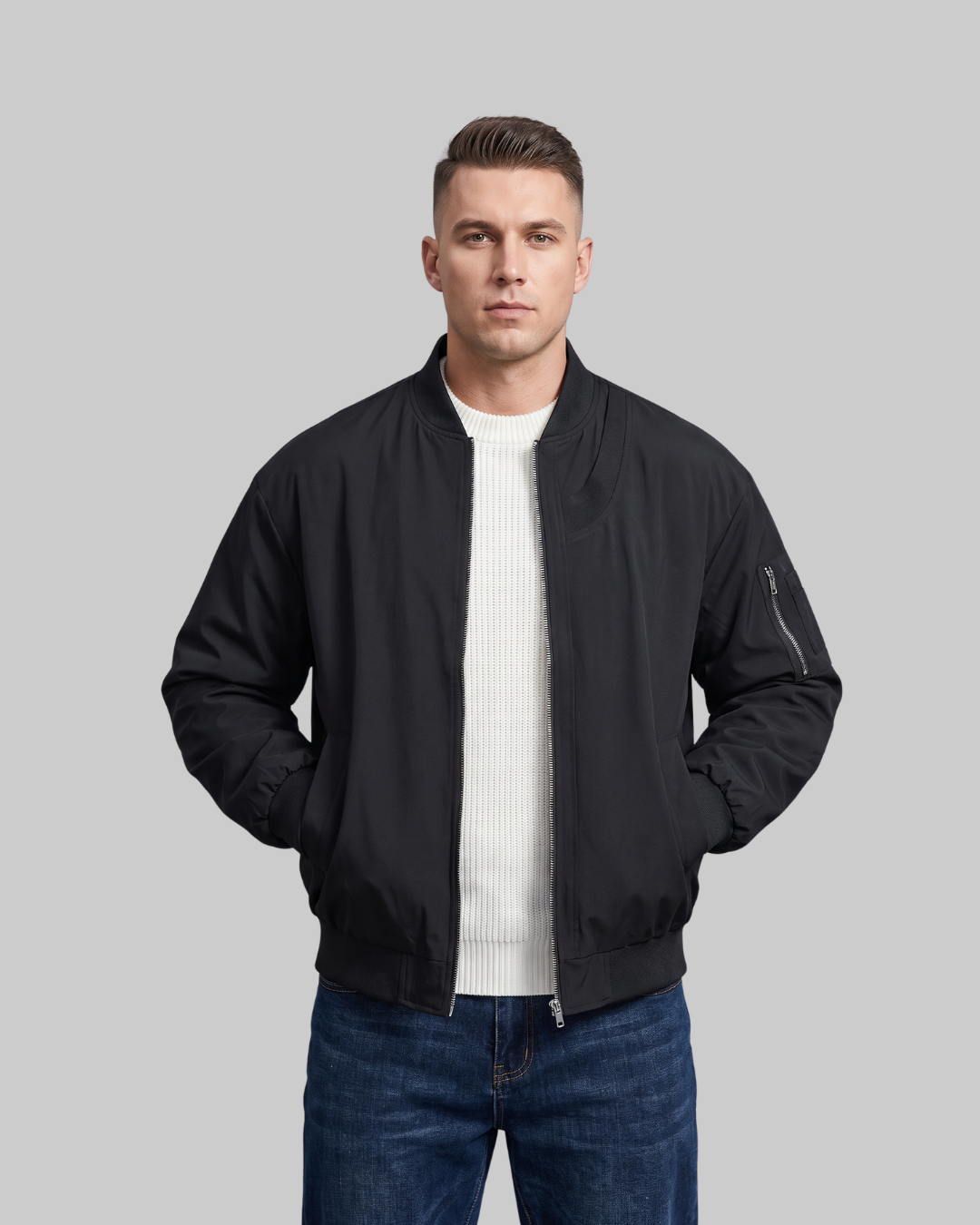 Men's Curved Panel Bomber Jacket in black.
