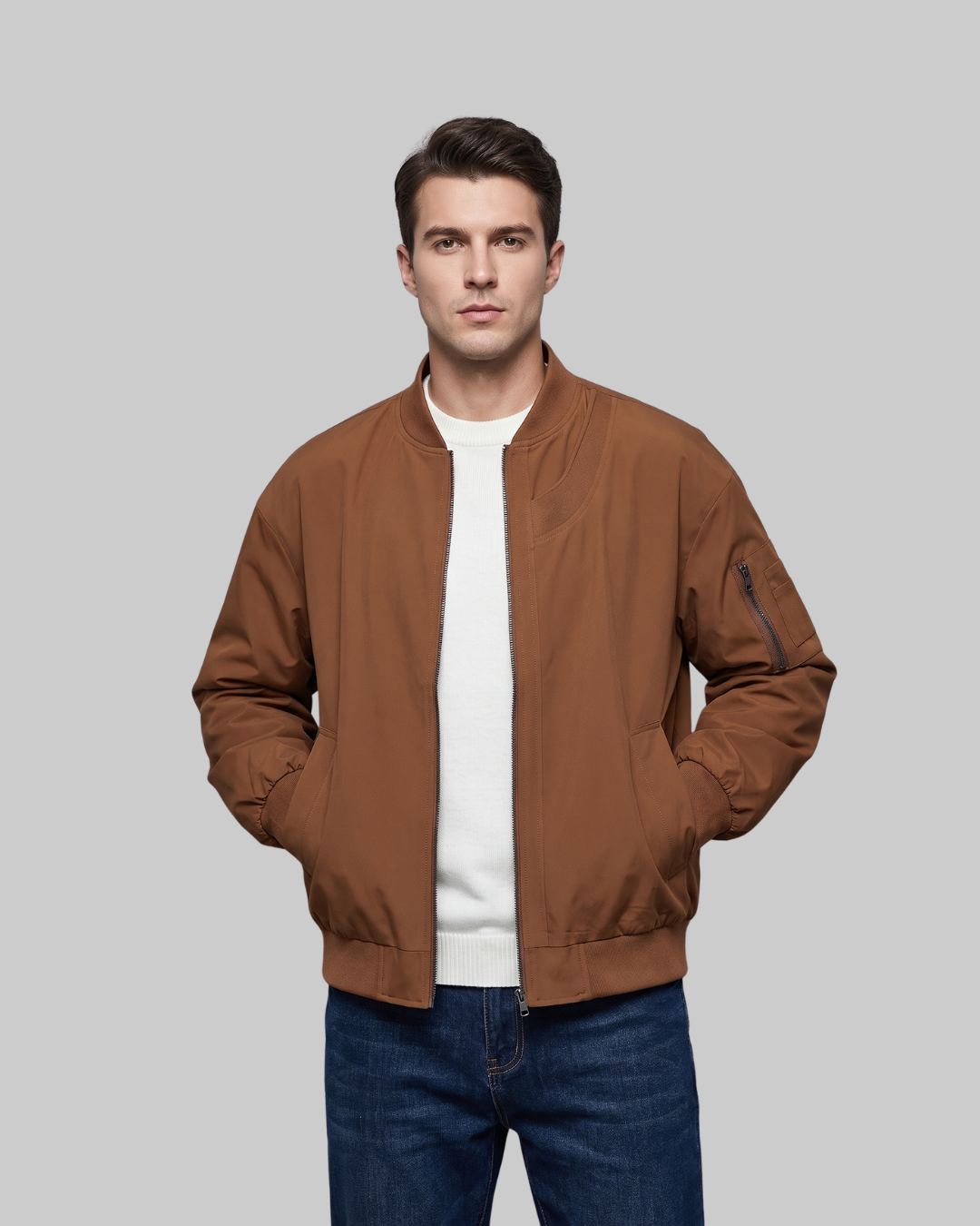Men's Curved Panel Bomber Jacket in orange brown.