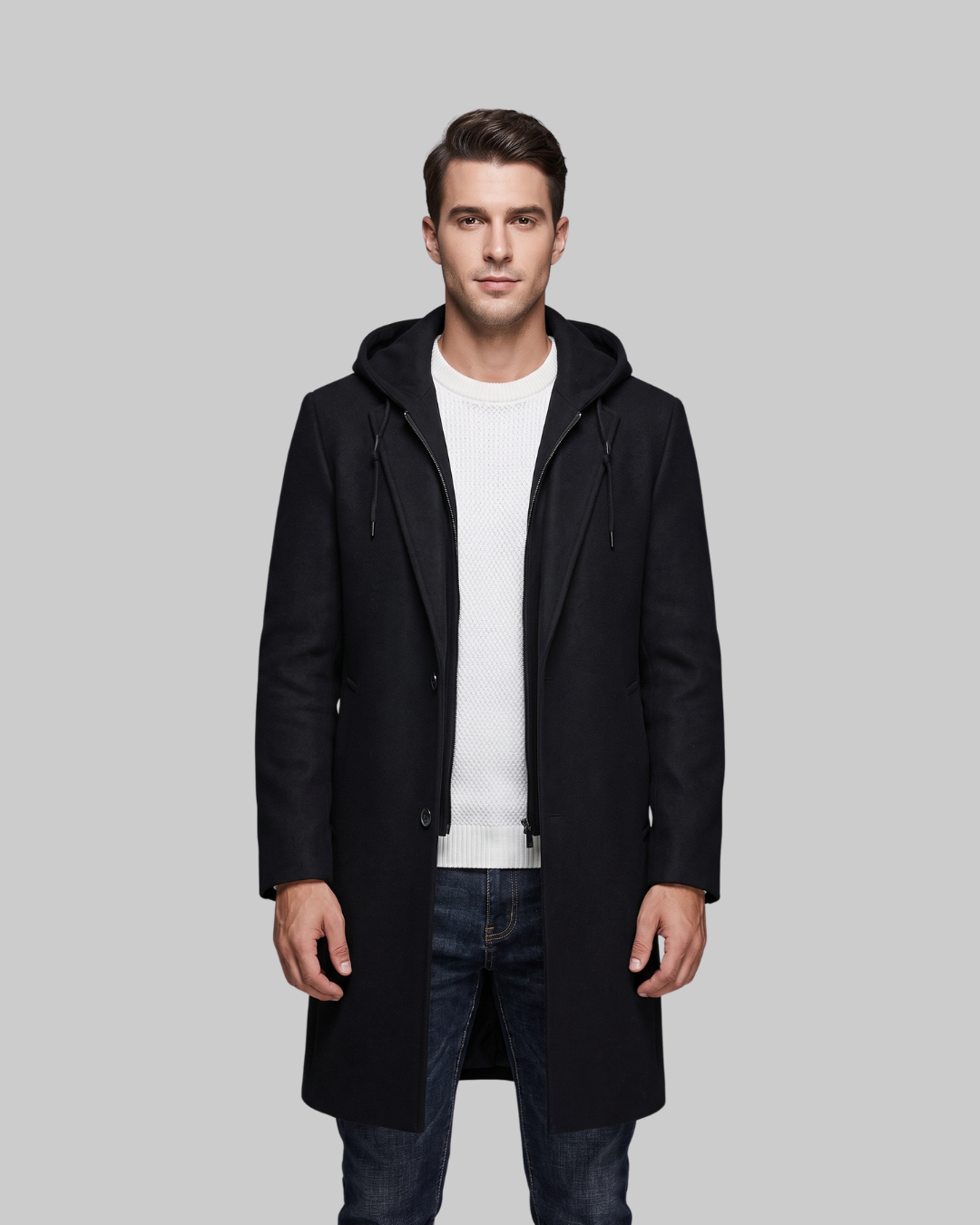 Men's Detachable Hood Long Coat in black.