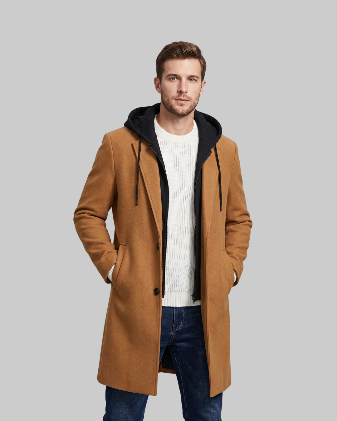 Men's Detachable Hood Long Coat in camel.