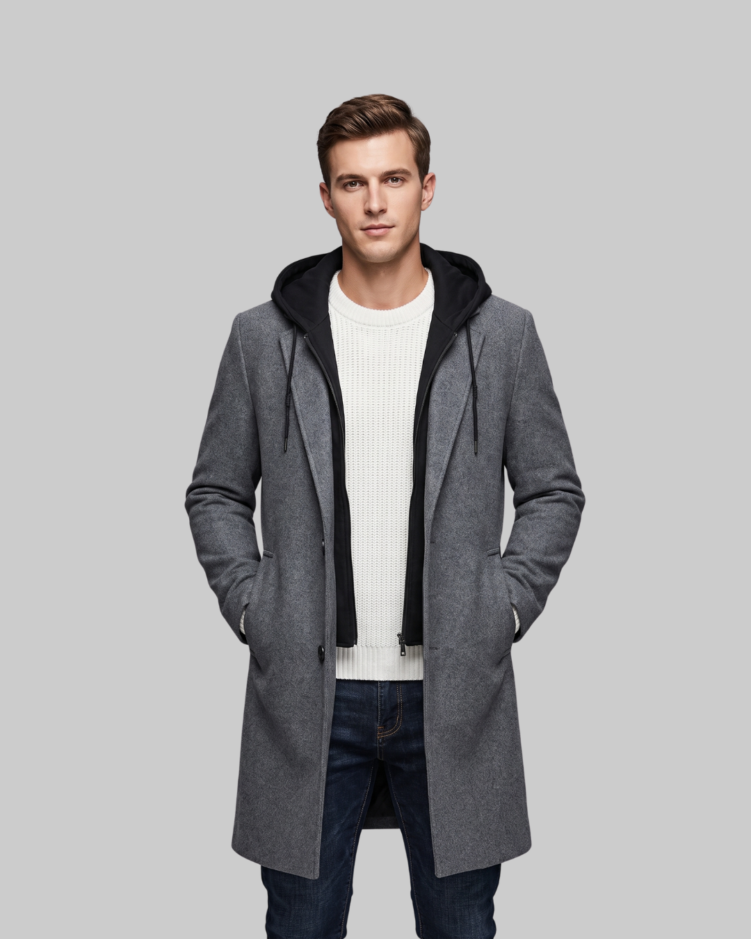 Men's Detachable Hood Long Coat in grey.
