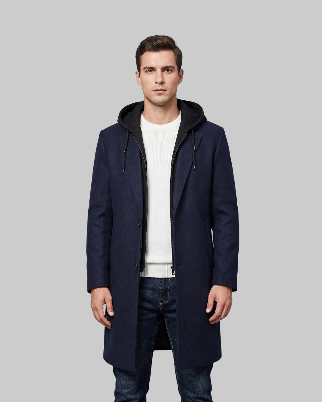 Men's Detachable Hood Long Coat in navy.