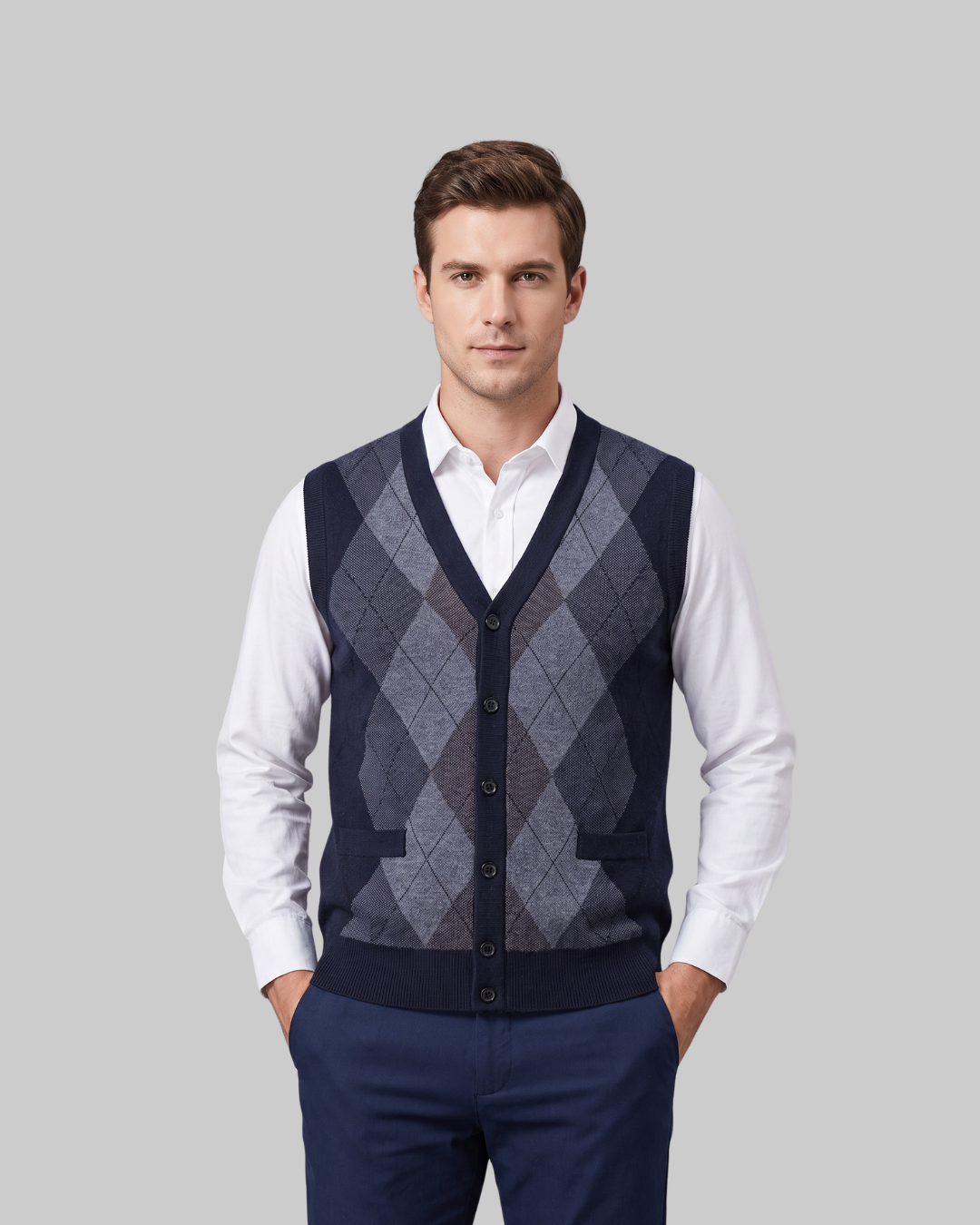 Men's Diamond Pattern Knit Vest in blue.