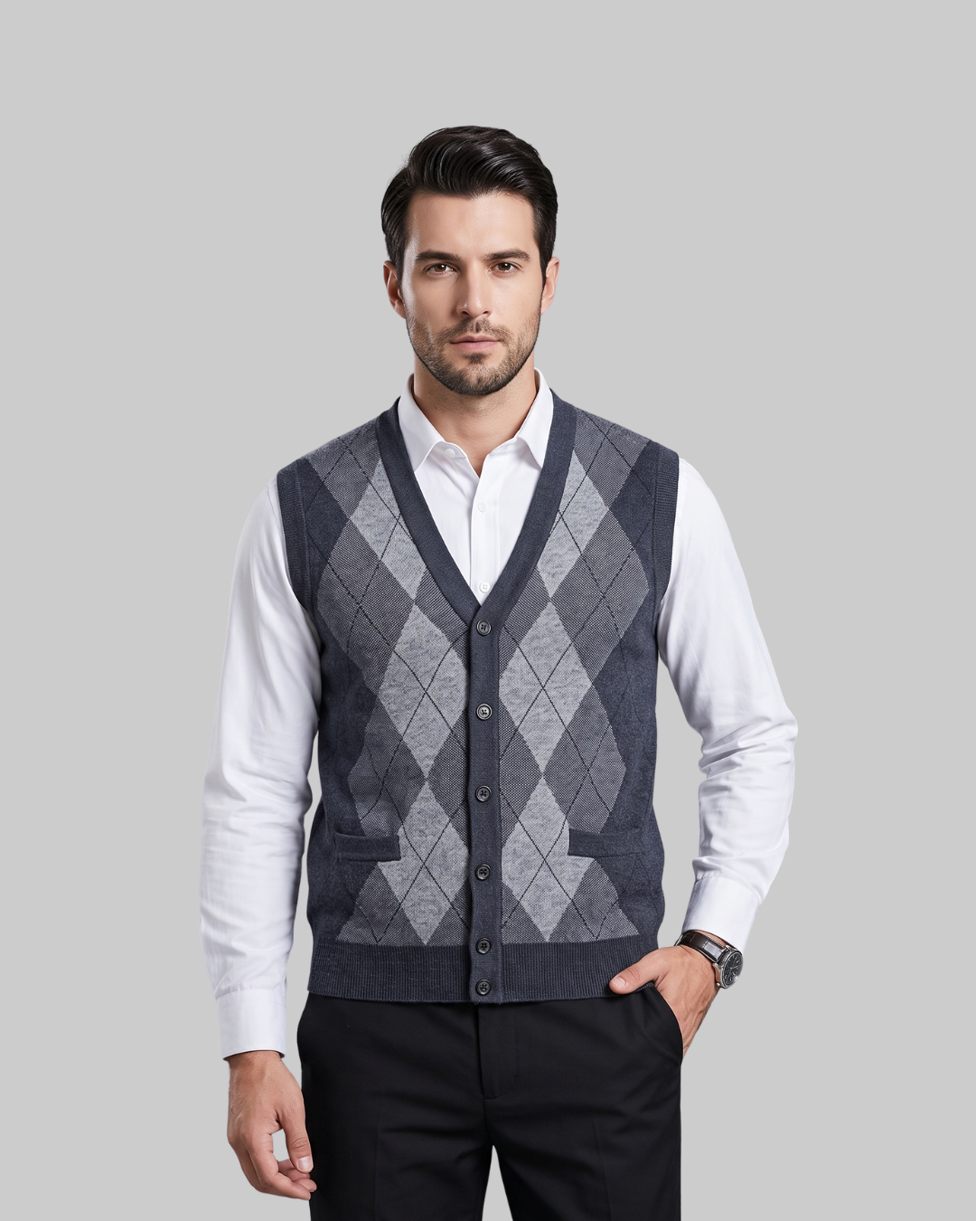 Men's Diamond Pattern Knit Vest in dark grey.