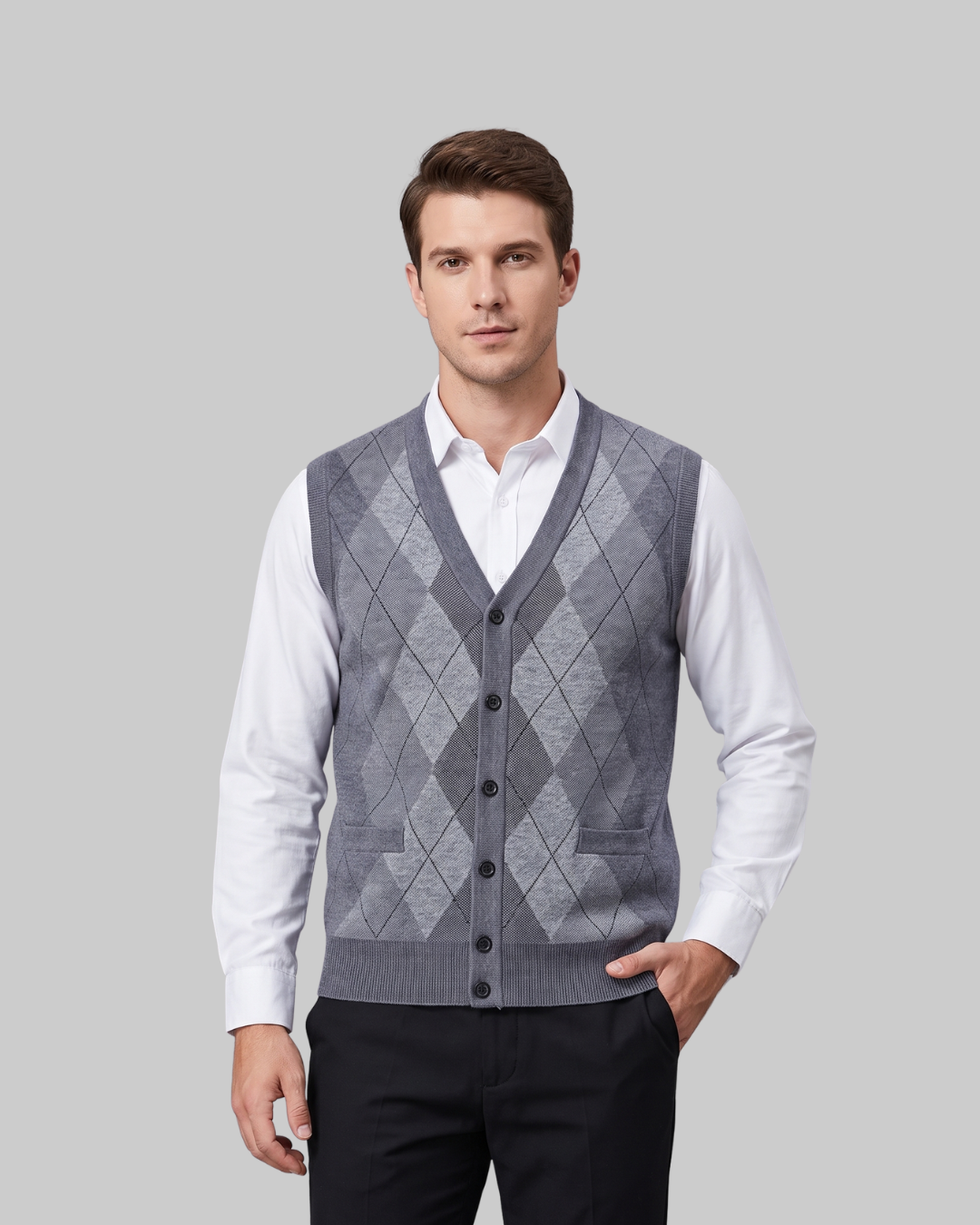 Men's Diamond Pattern Knit Vest in medium grey.