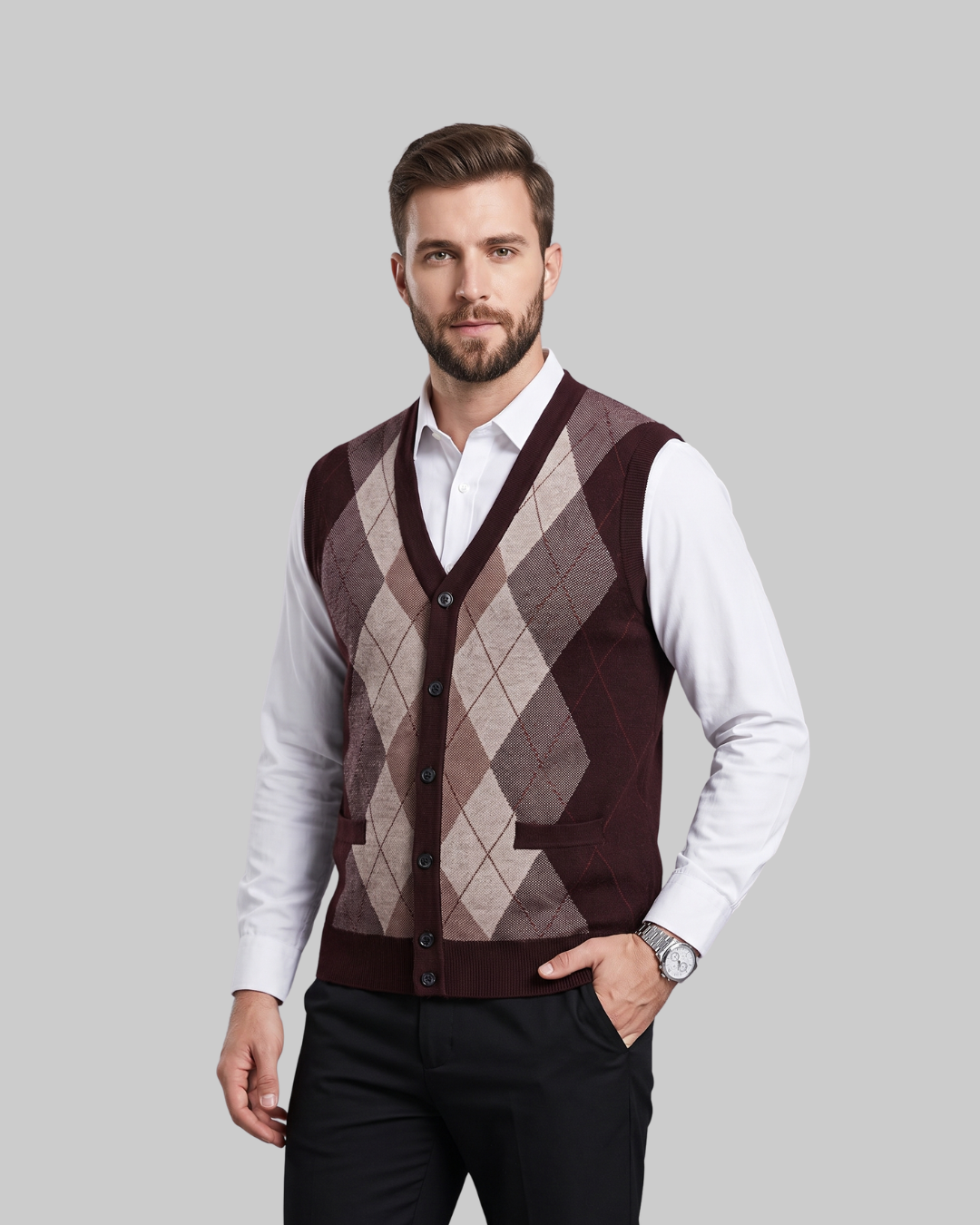 Men's Diamond Pattern Knit Vest in wine red.