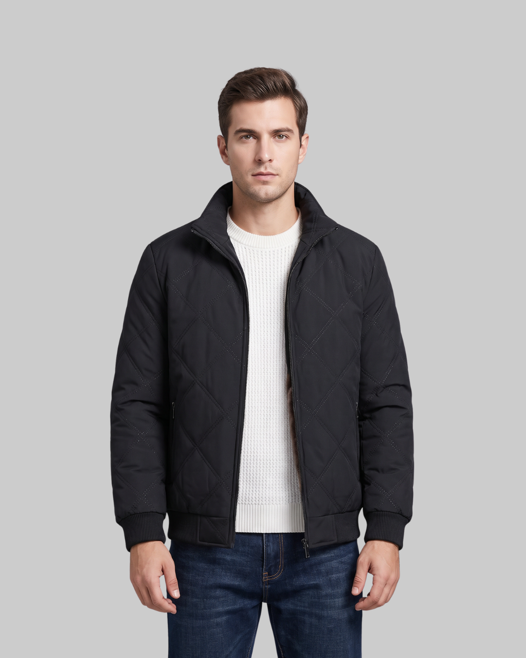 Men's Diamond Quilted Bomber Jacket in black.
