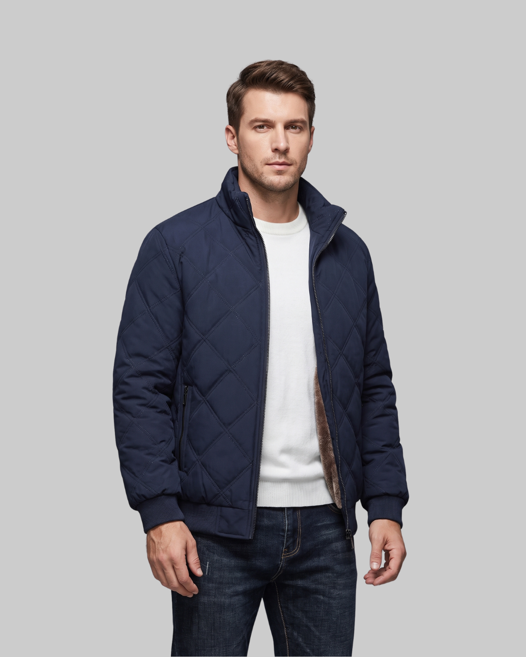 Men's Diamond Quilted Bomber Jacket in dark blue.