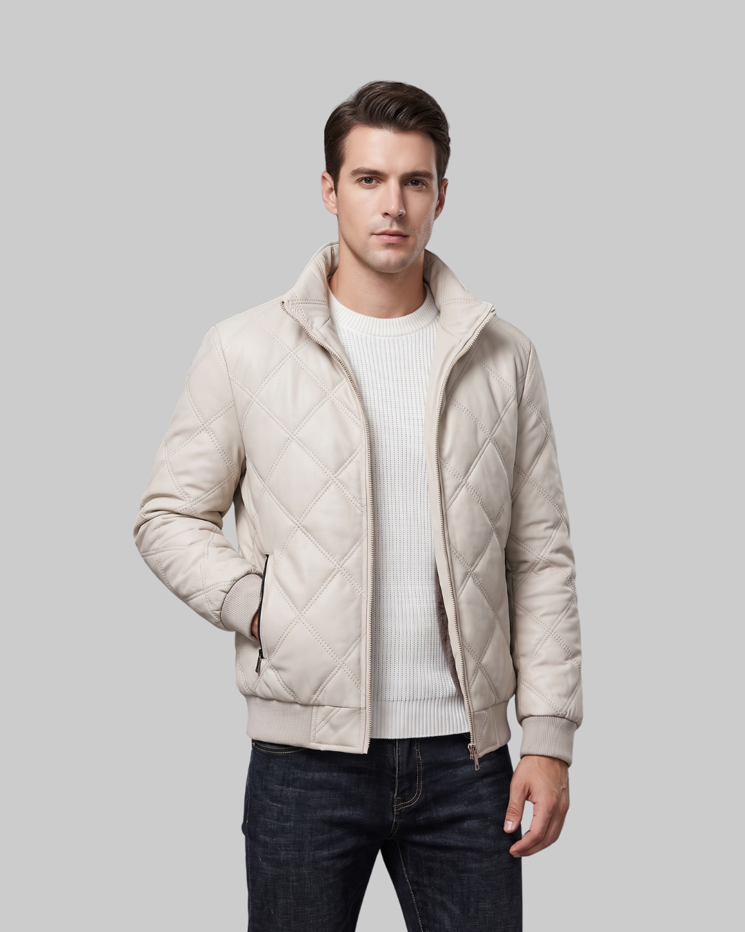 Men's Diamond Quilted Bomber Jacket in khaki.