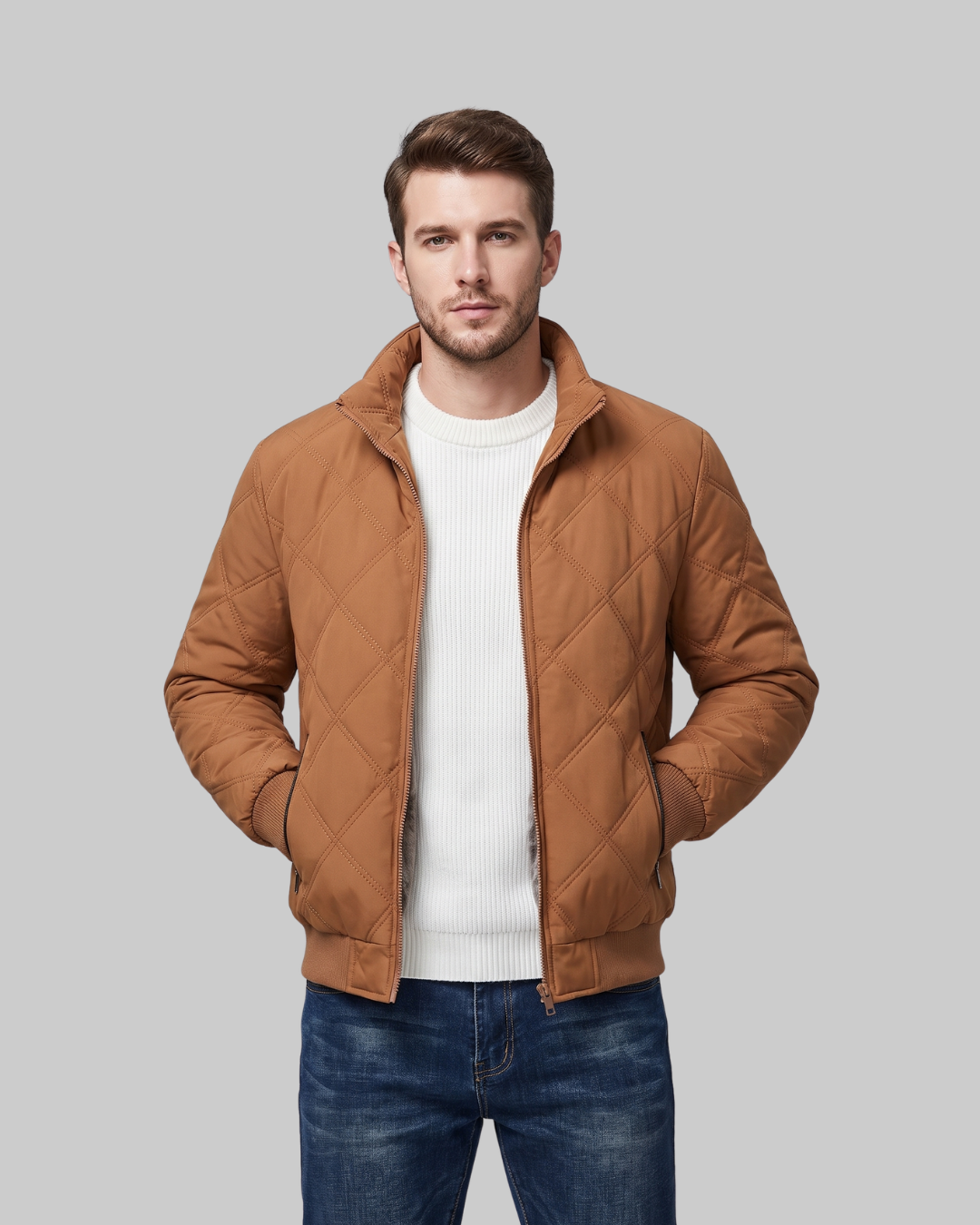 Men's Diamond Quilted Bomber Jacket in yellow.