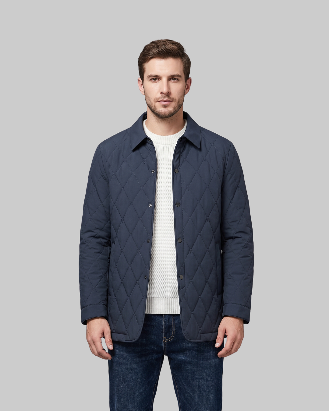 Men's Diamond Quilted Coat in blue.