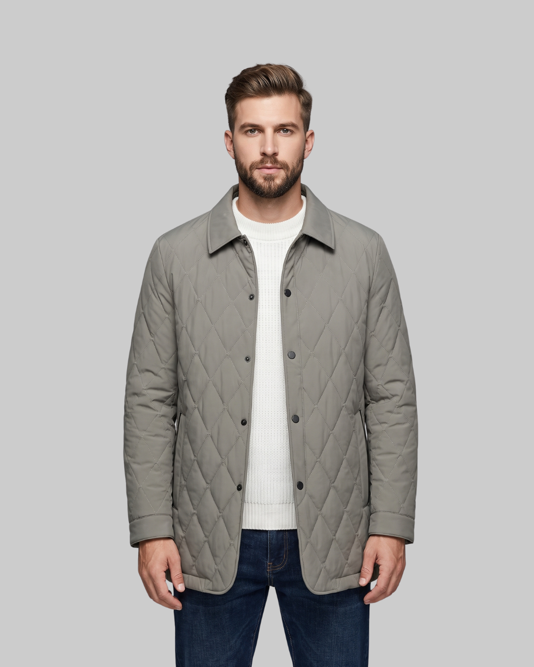 Men's Diamond Quilted Coat in khaki.
