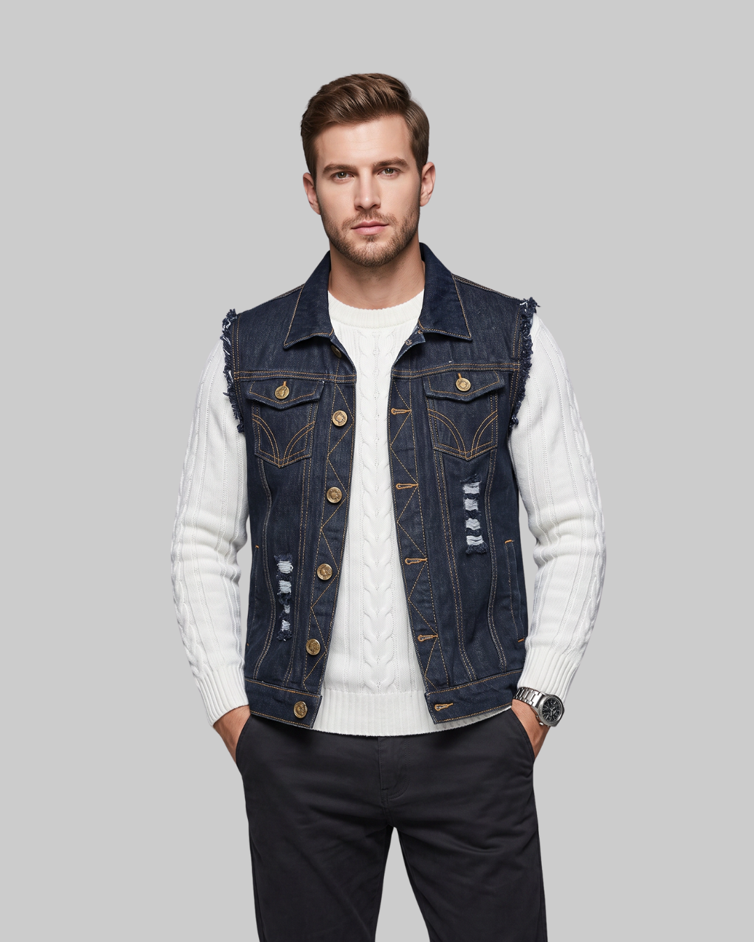 Men's Distressed Denim Vest in black.