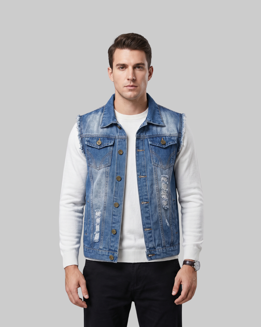Men's Distressed Denim Vest in blue.