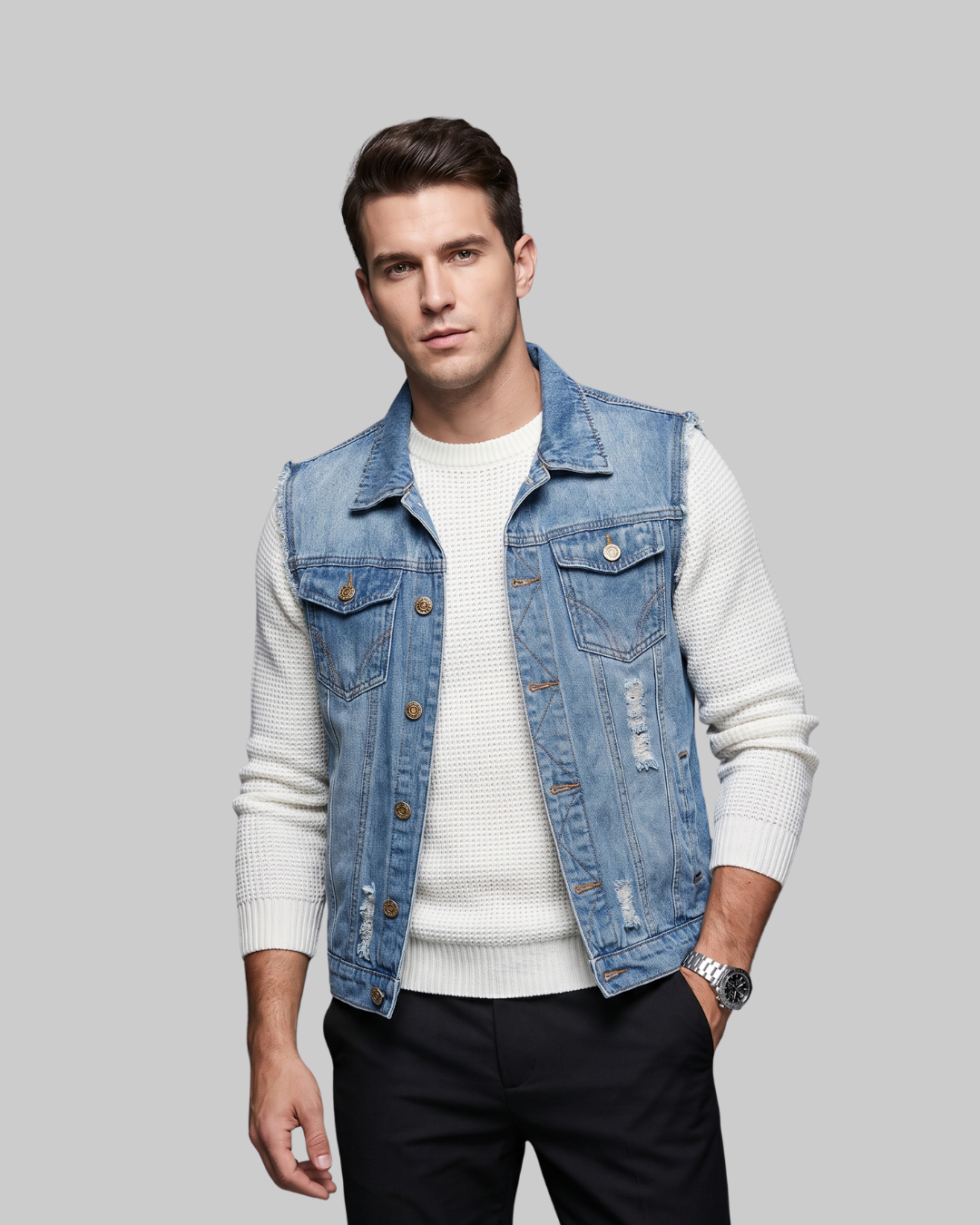 Men's Distressed Denim Vest in light blue.