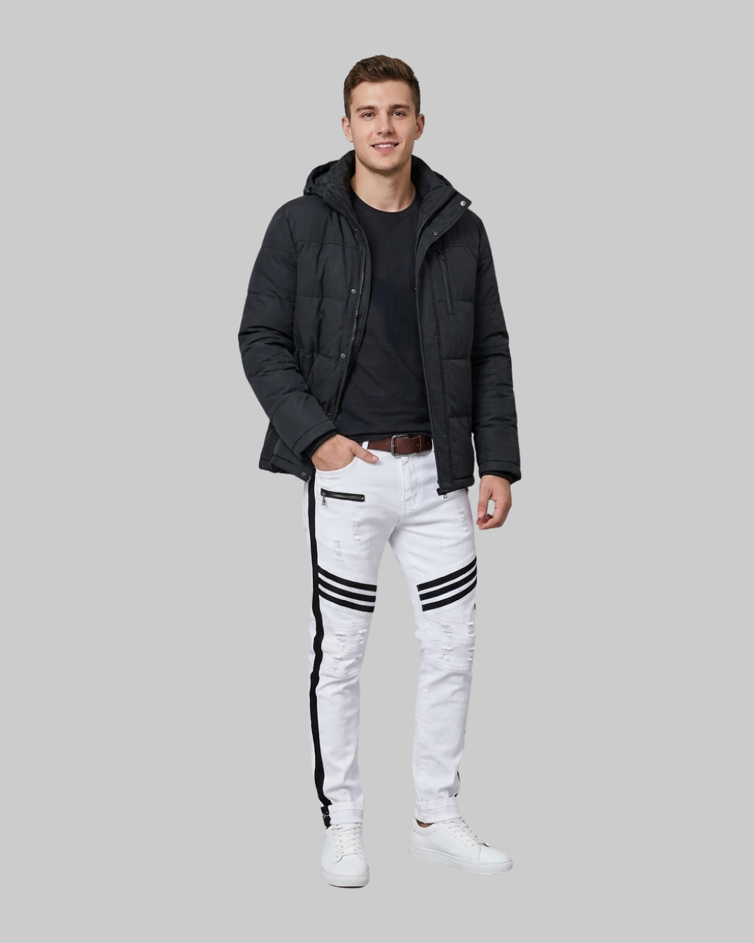 Men's Distressed Racing Jeans in front view.