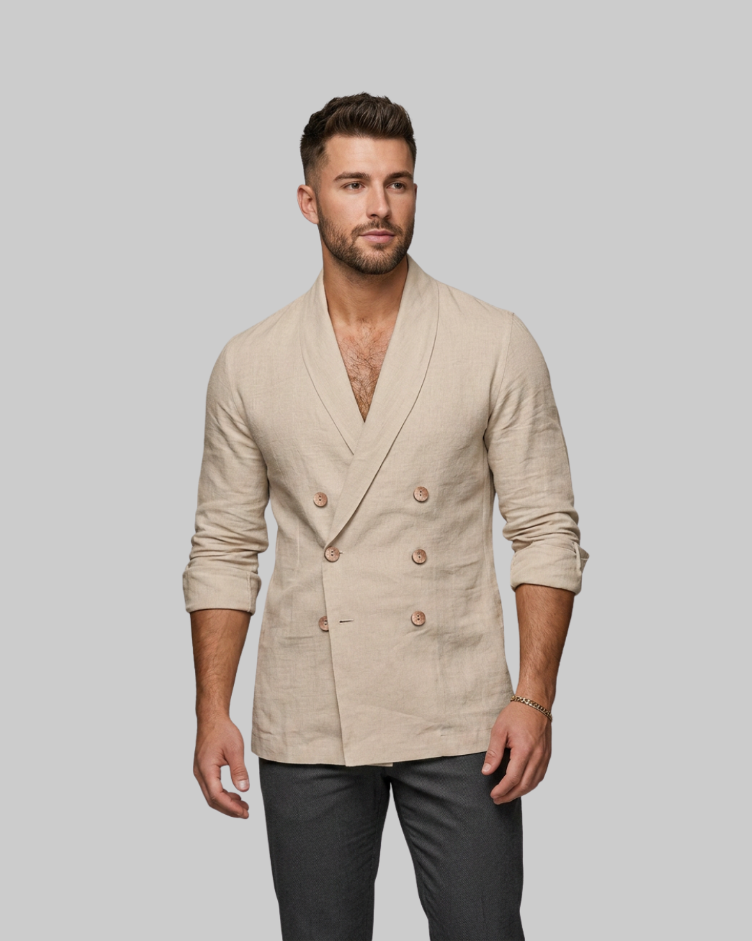 Men's Double-Breasted Casual Blazer in apricot.