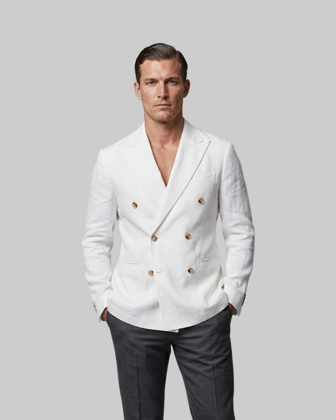 Men's Double-Breasted Casual Blazer in white.