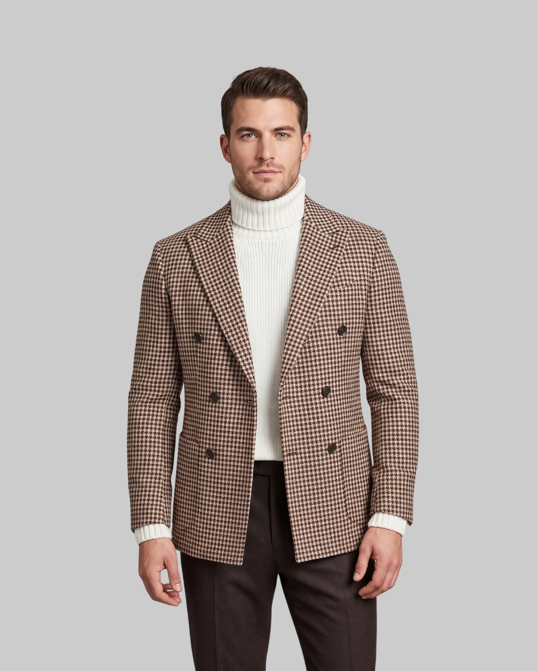 Men's Double Breasted Check Blazer in brown.