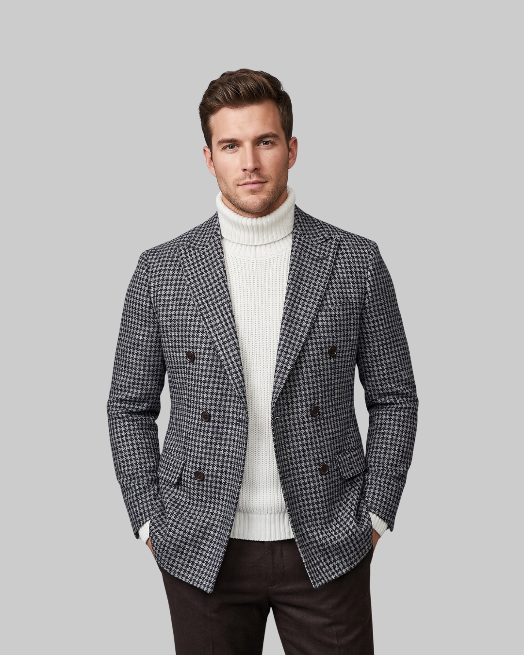 Men's Double Breasted Check Blazer in grey.