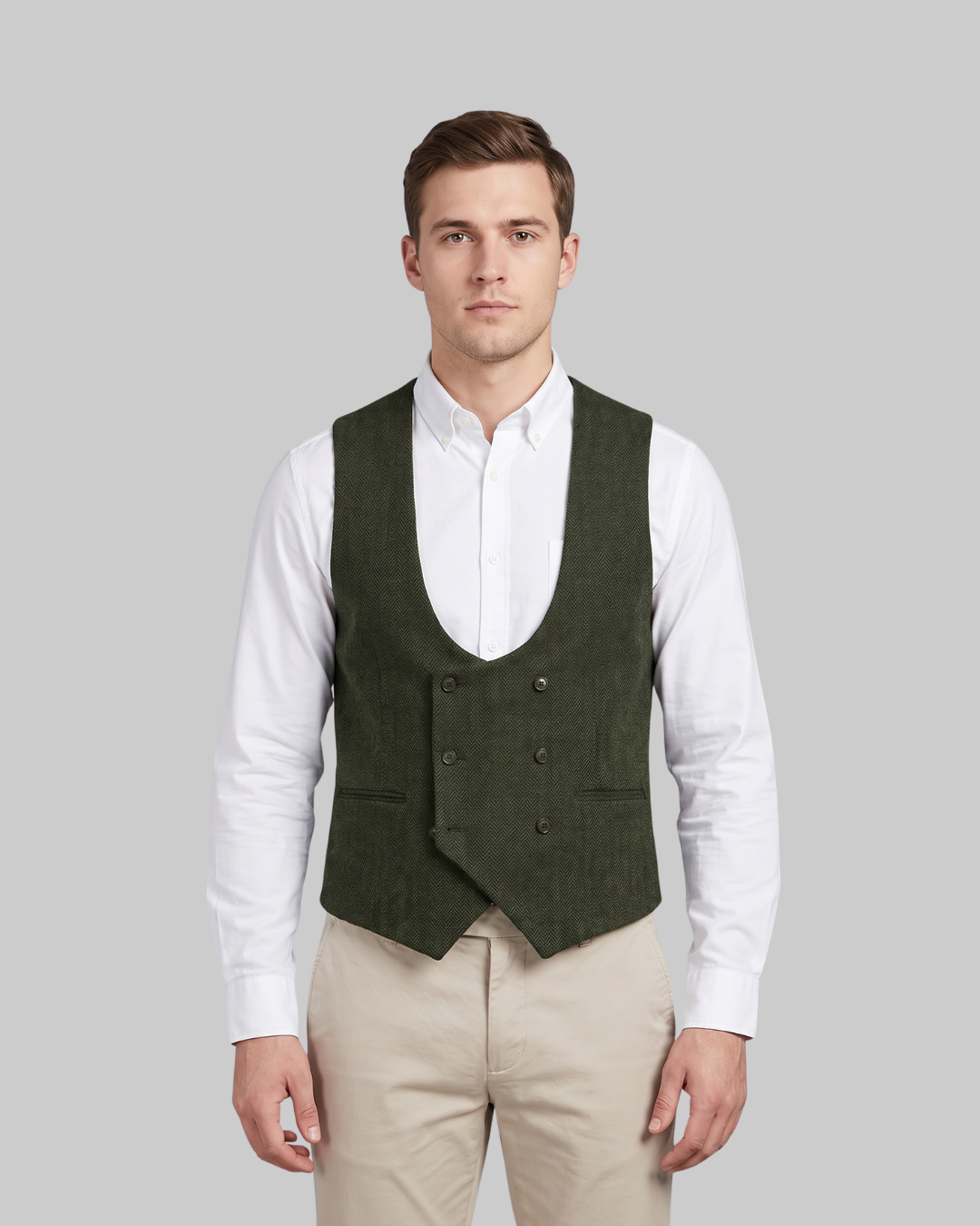 Men's Double-Breasted Suit Vest in army green.