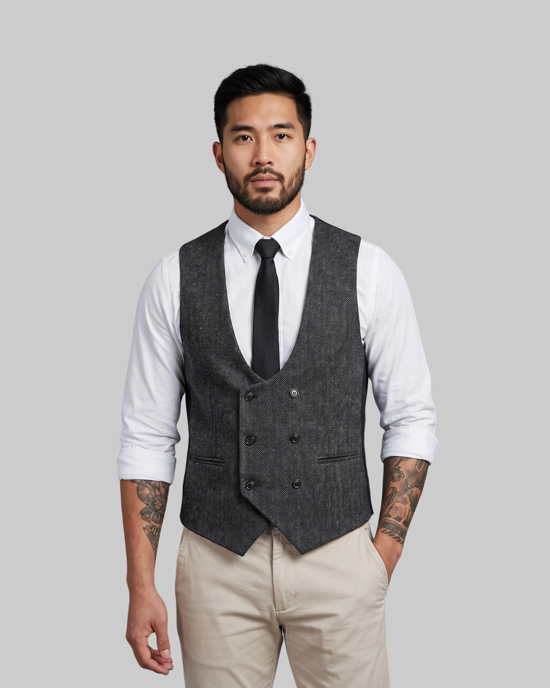 Men's Double-Breasted Suit Vest in black.