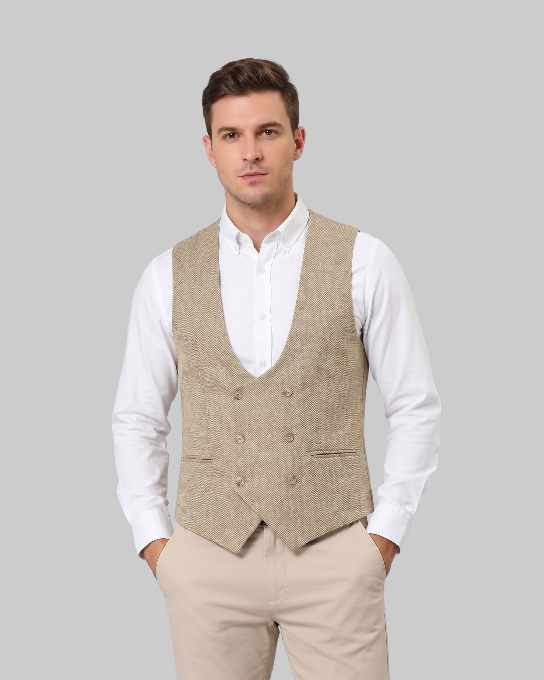 Men's Double-Breasted Suit Vest in champagne.
