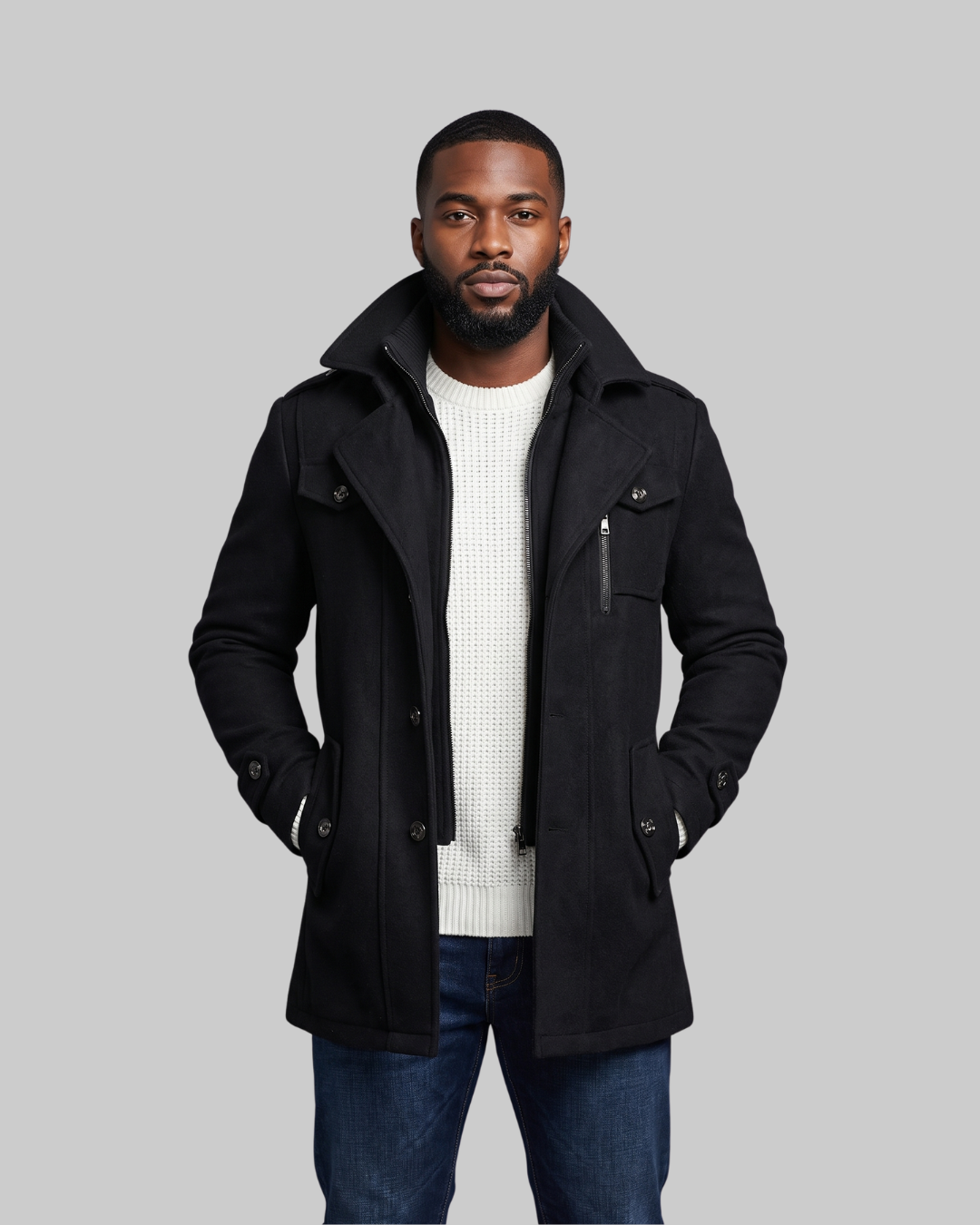Men's Double-Breasted Winter Coat in black.