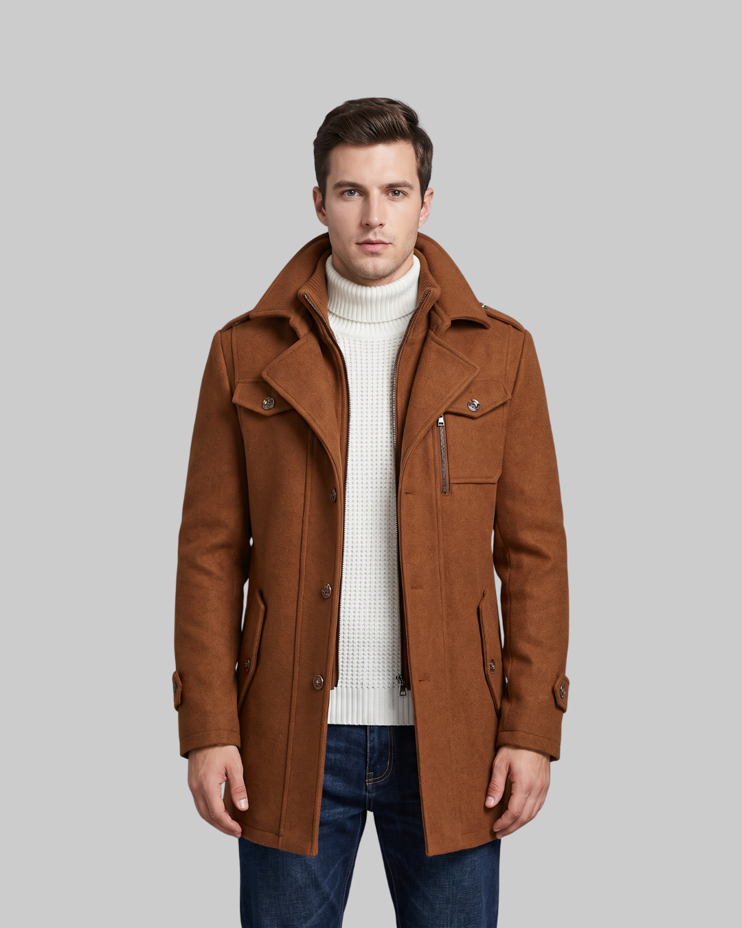 Men's Double-Breasted Winter Coat in brown.