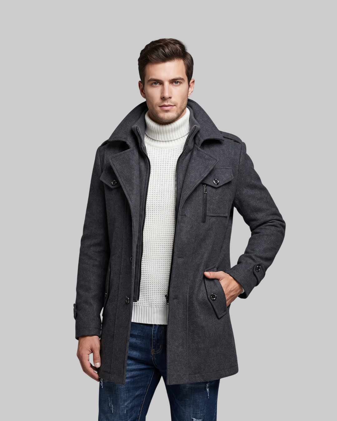 Men's Double-Breasted Winter Coat in grey.