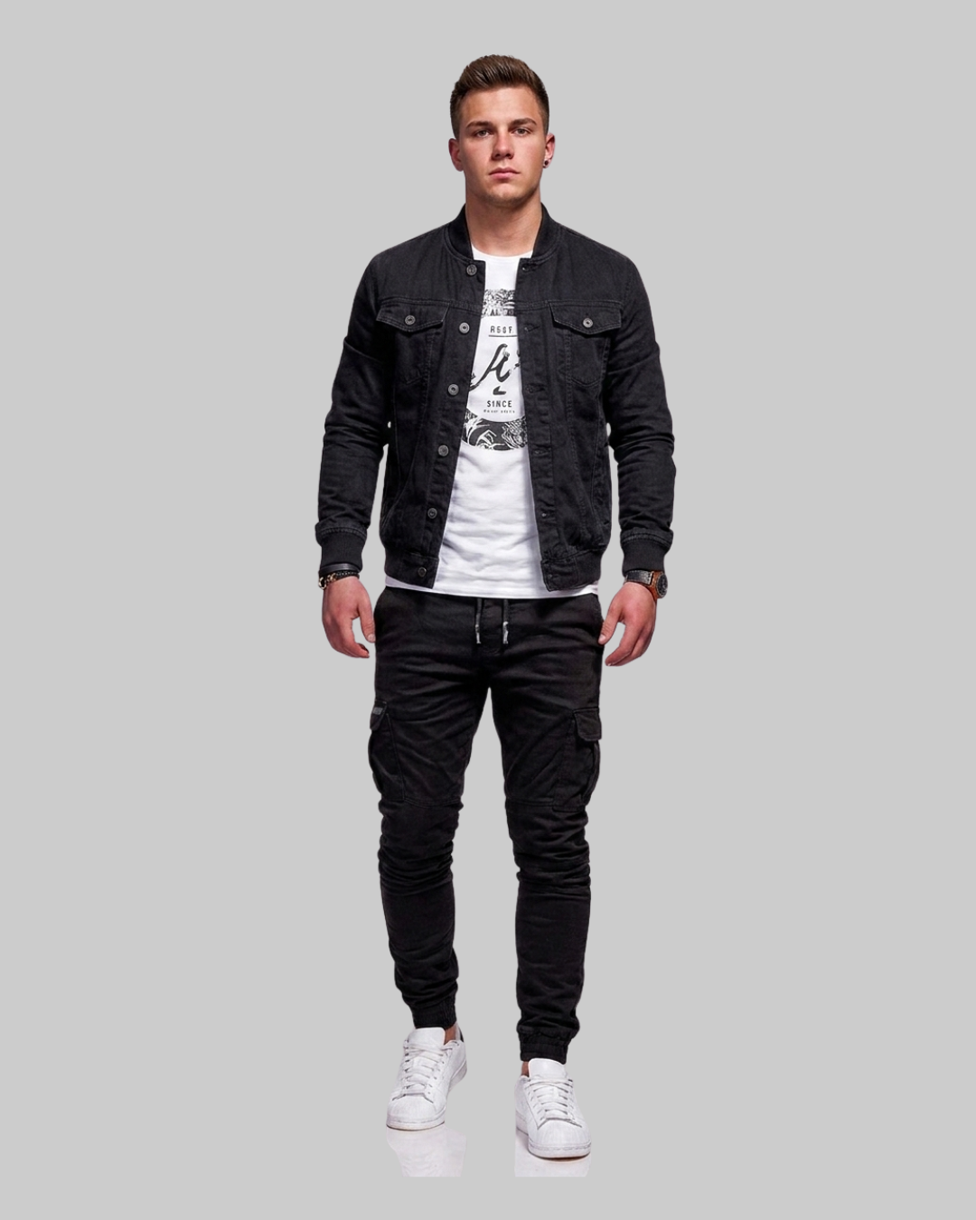 Men's Drawstring Cargo Jogger Pants in black.