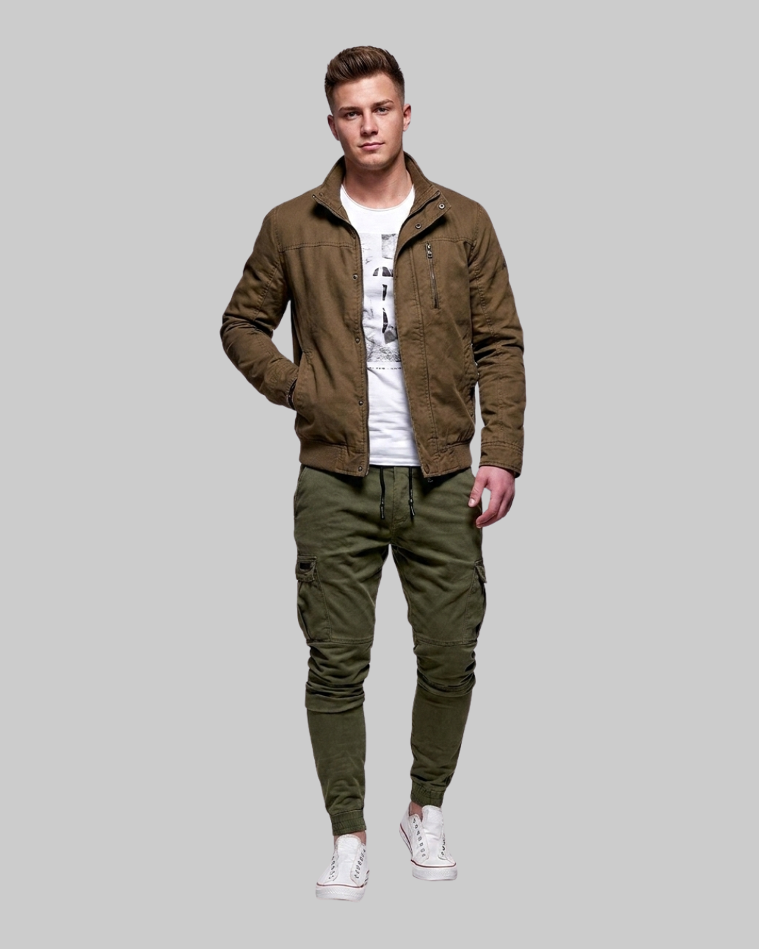 Men's Drawstring Cargo Jogger Pants in green.
