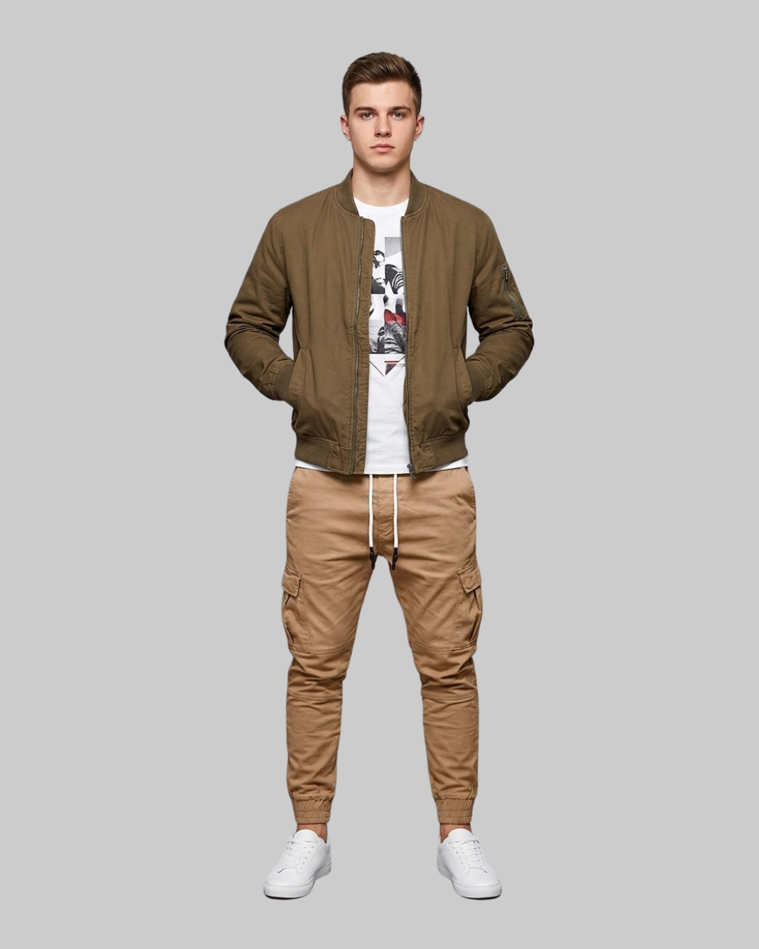 Men's Drawstring Cargo Jogger Pants in khaki.
