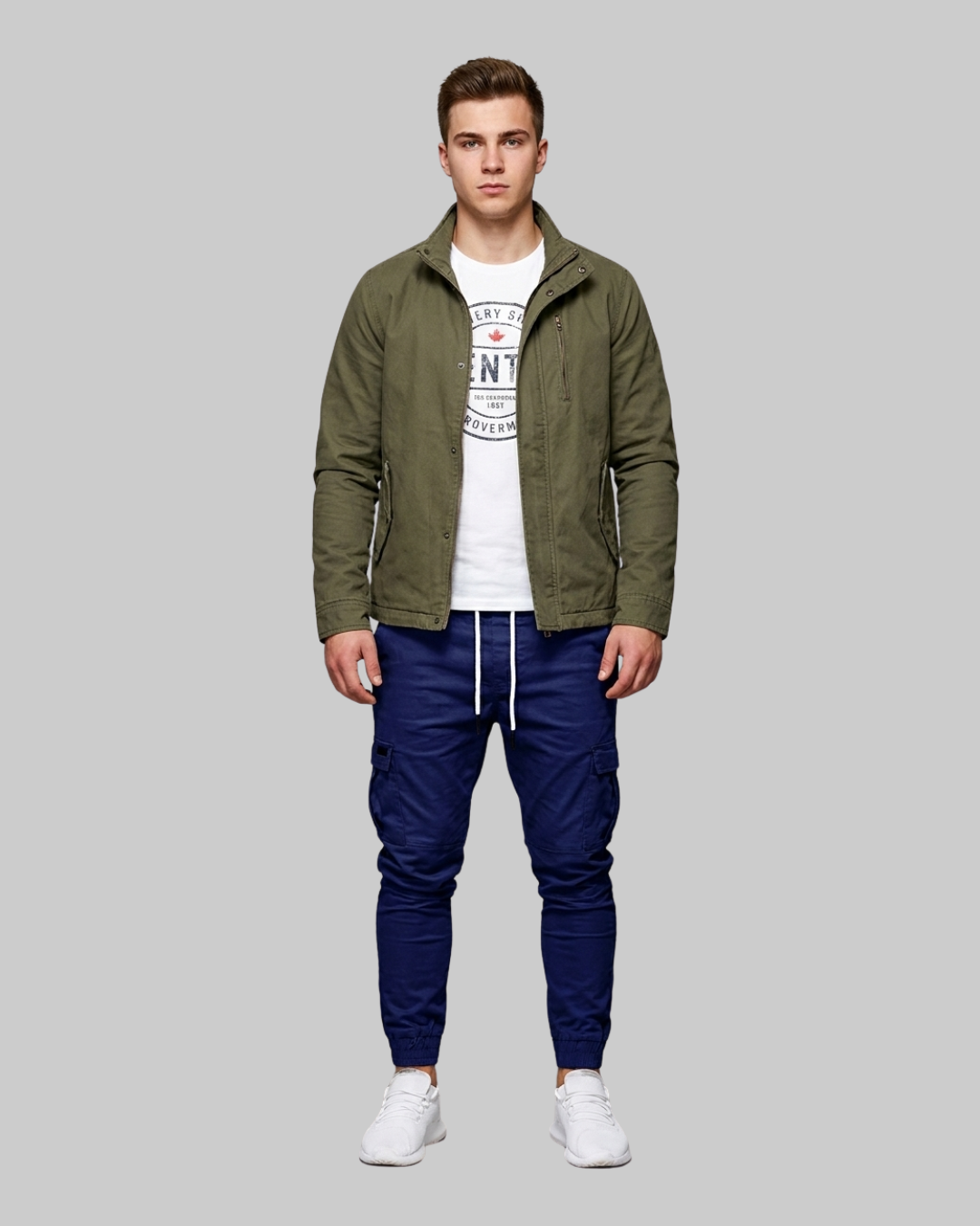 Men's Drawstring Cargo Jogger Pants in navy blue.
