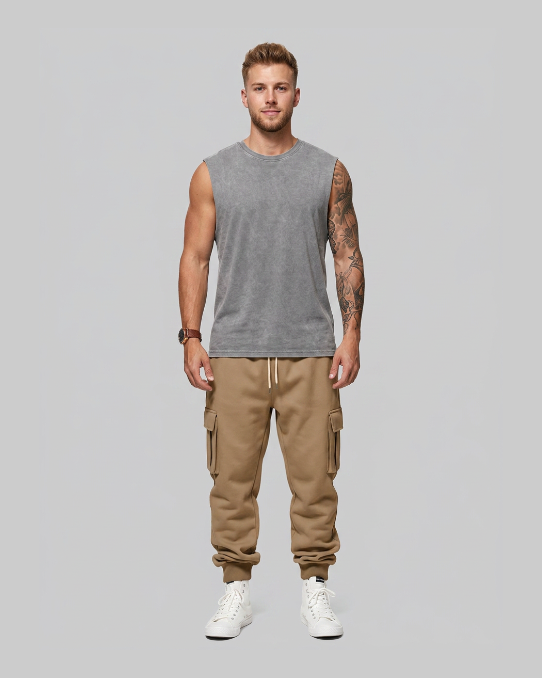 Men's Drawstring Utility Jogger Pants in camel.