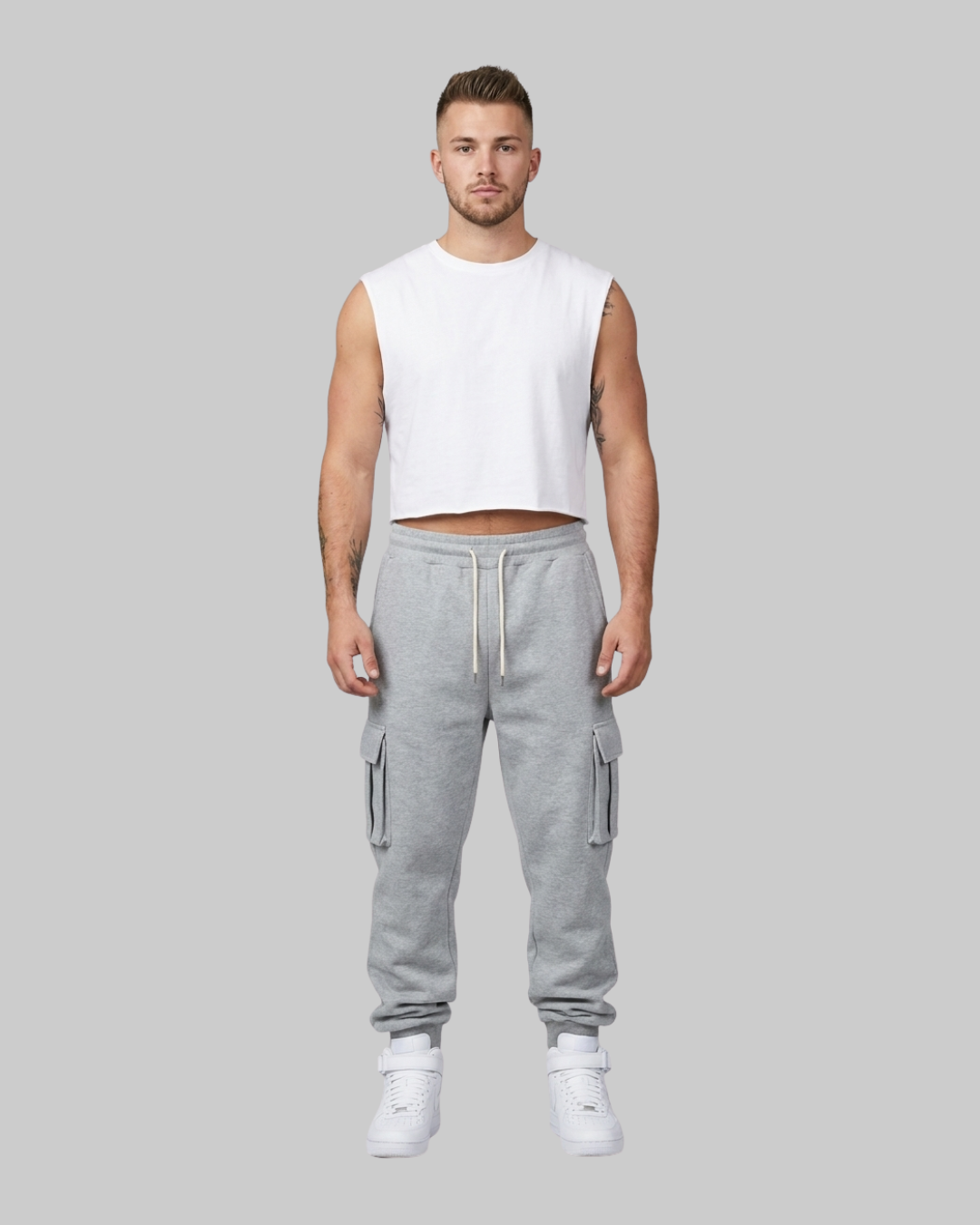 Men's Drawstring Utility Jogger Pants in light grey.