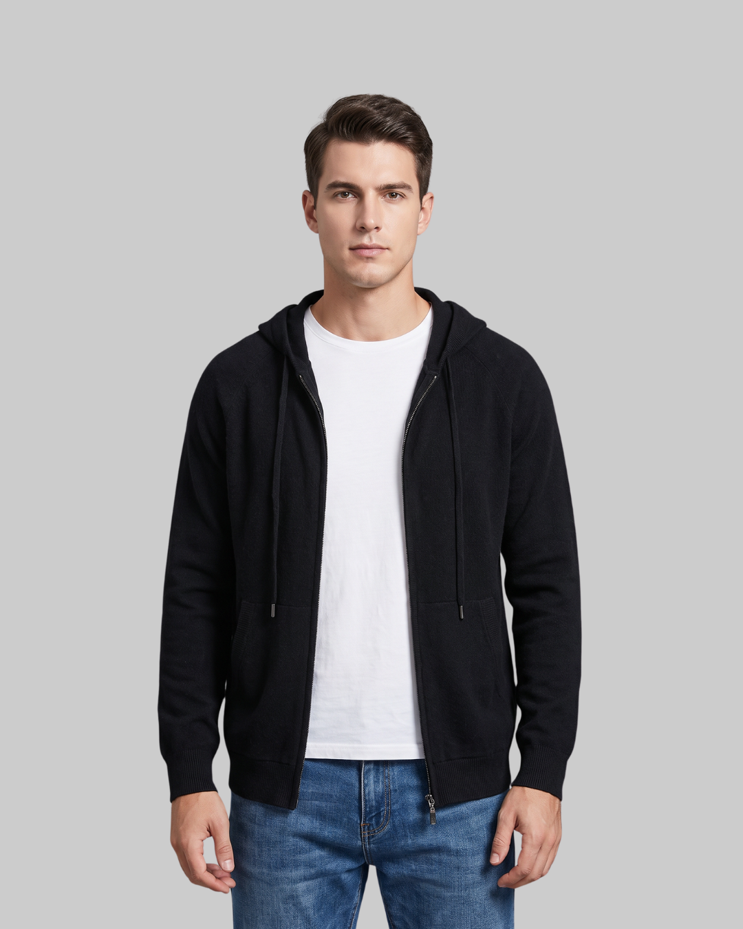 Men's Drawstring Zip Hoodie in black.