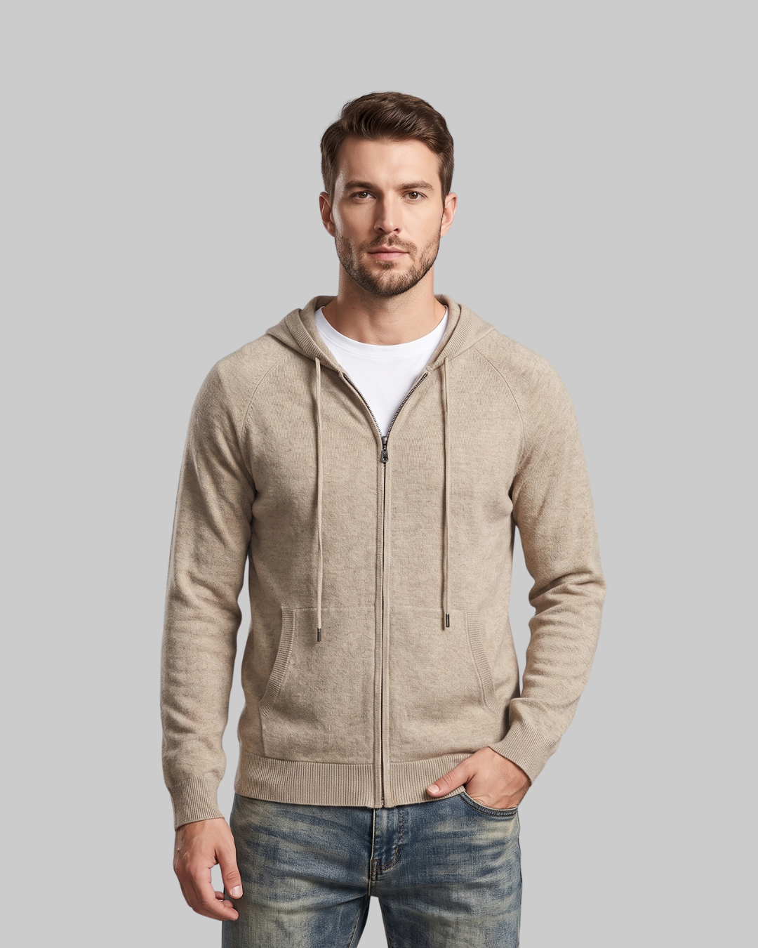 Men's Drawstring Zip Hoodie in camel.
