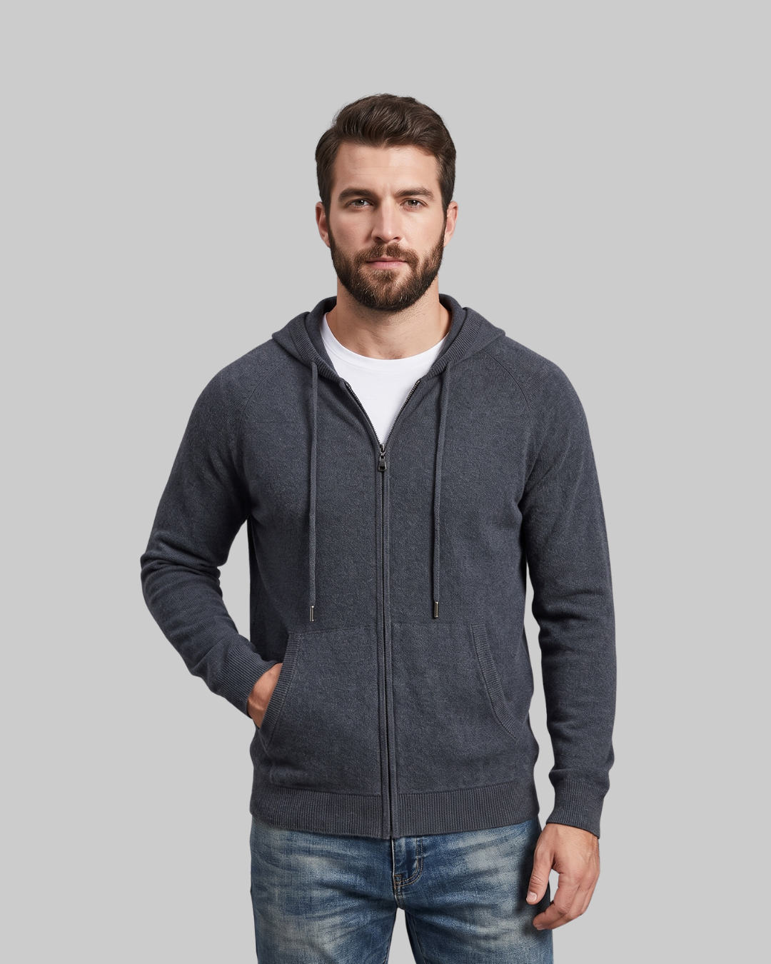 Men's Drawstring Zip Hoodie in grey.
