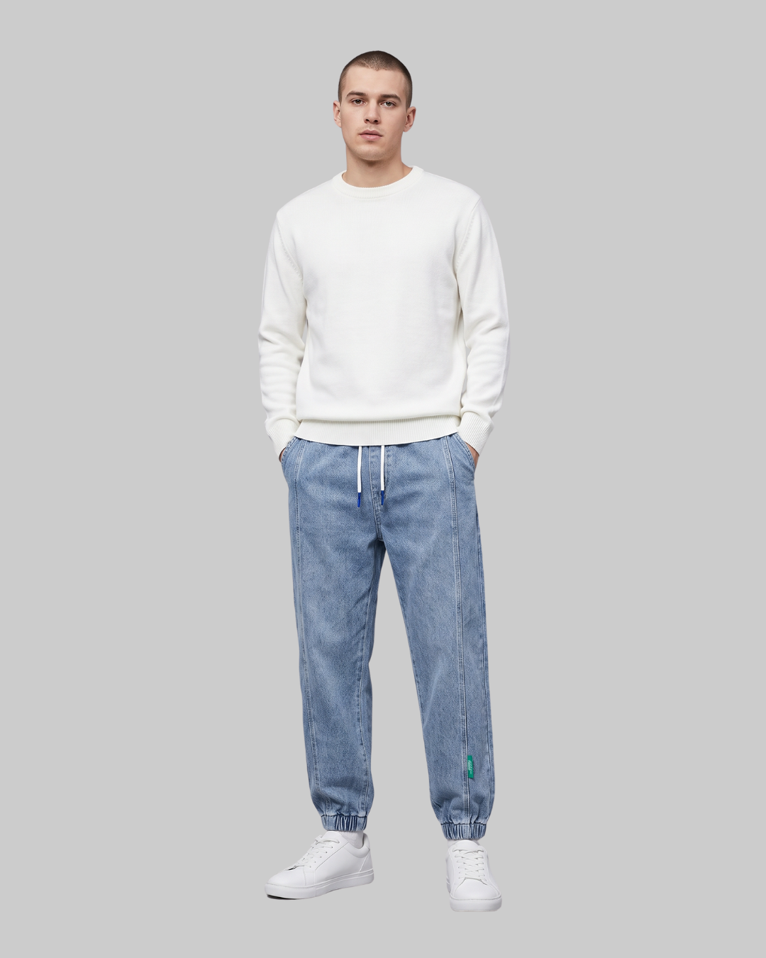 Men's Elastic Waist Jogger Jeans in light blue.