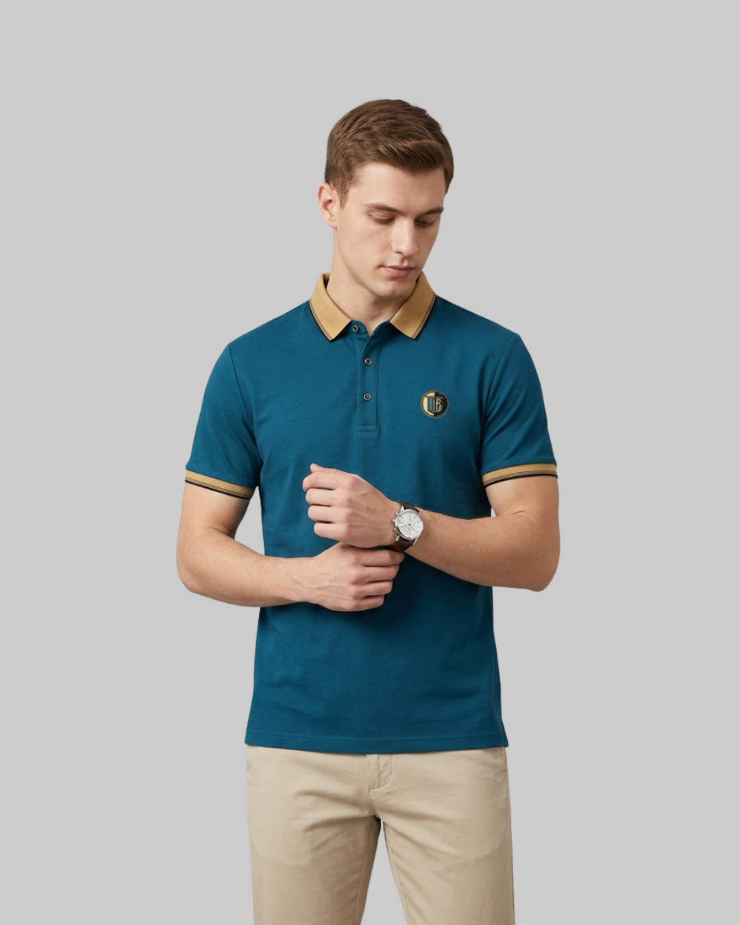 Men's Embroidered Pique Polo Shirt in blue.
