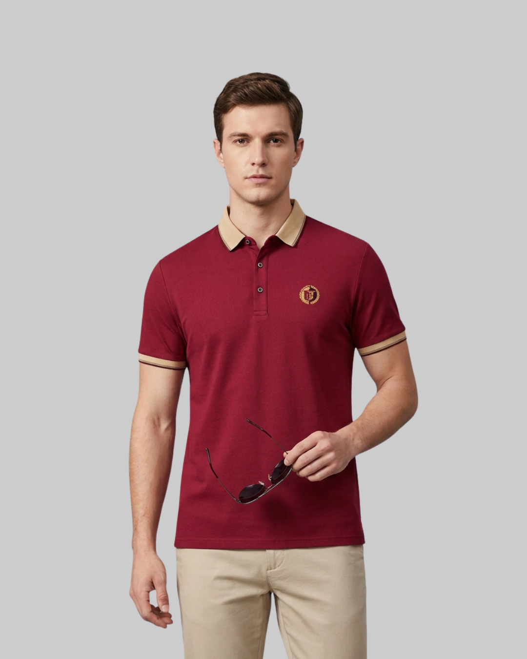 Men's Embroidered Pique Polo Shirt in wine red.