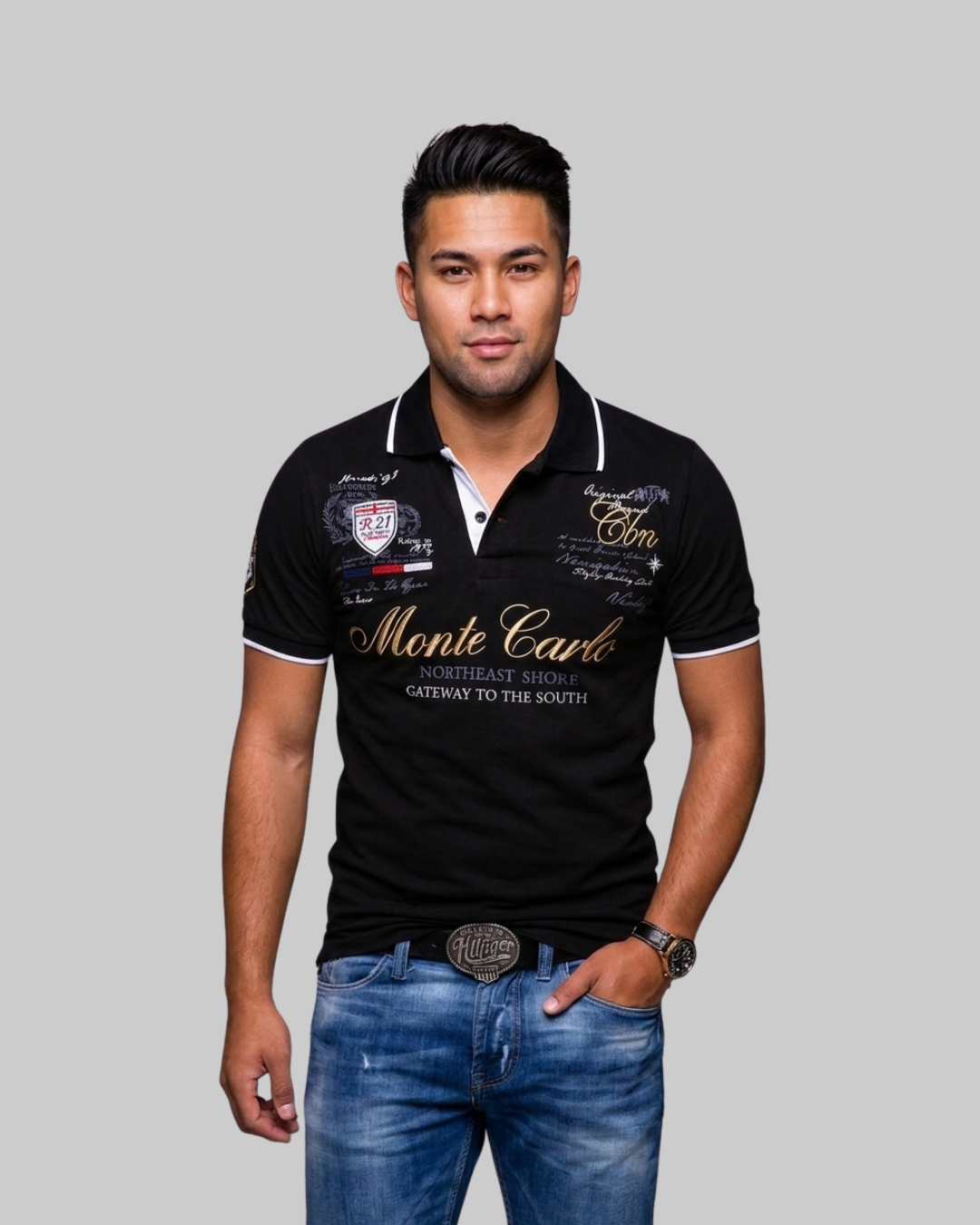 Men's Embroidered Print Polo Shirt in black.