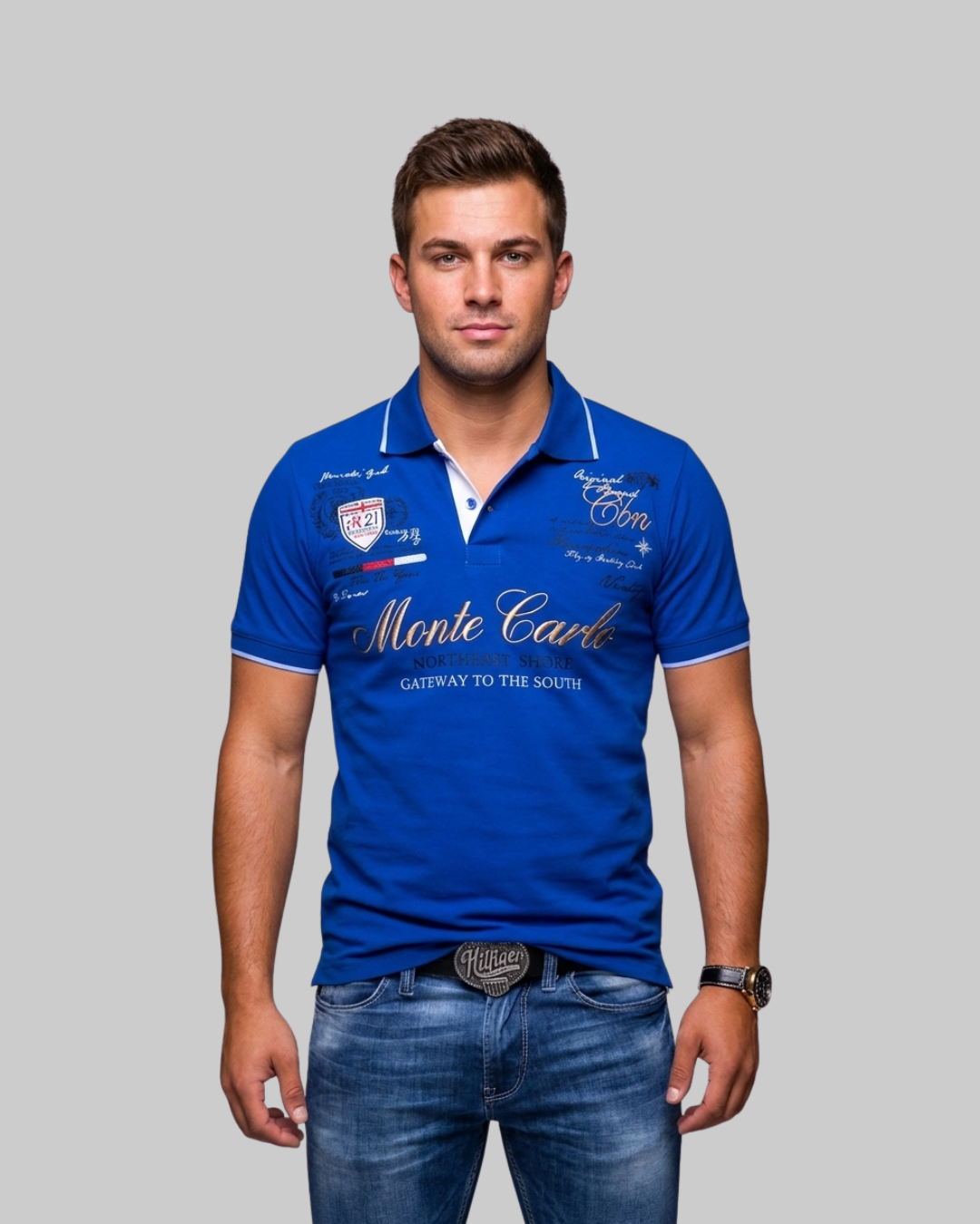 Men's Embroidered Print Polo Shirt in blue.