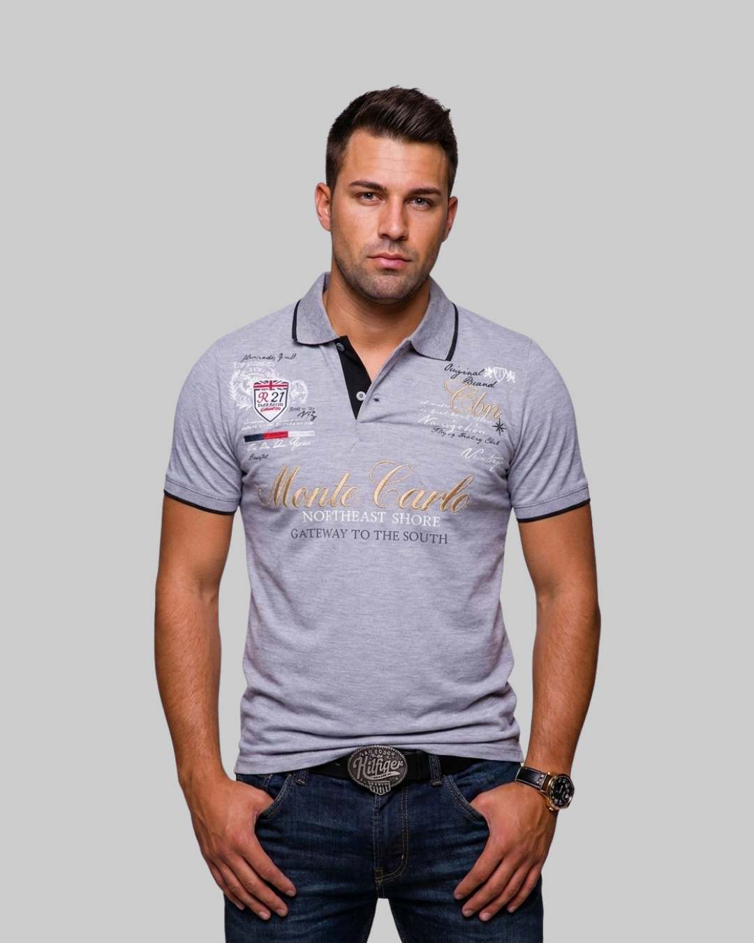 Men's Embroidered Print Polo Shirt in grey.