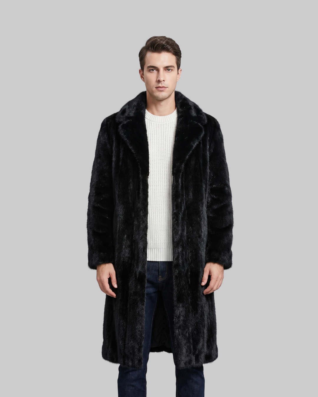 Men's Faux Fur Long Coat in black.