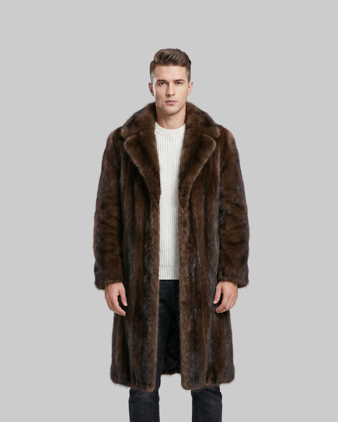 Men's Faux Fur Long Coat in coffee.