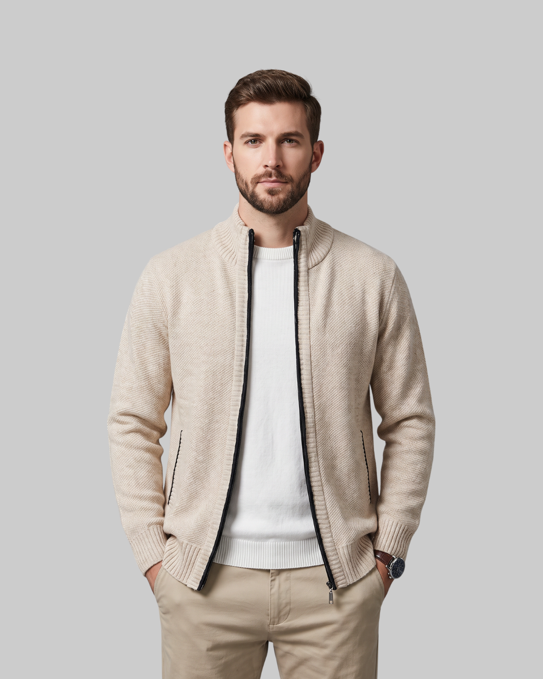 Men's Fine Texture Zip Cardigan in beige.